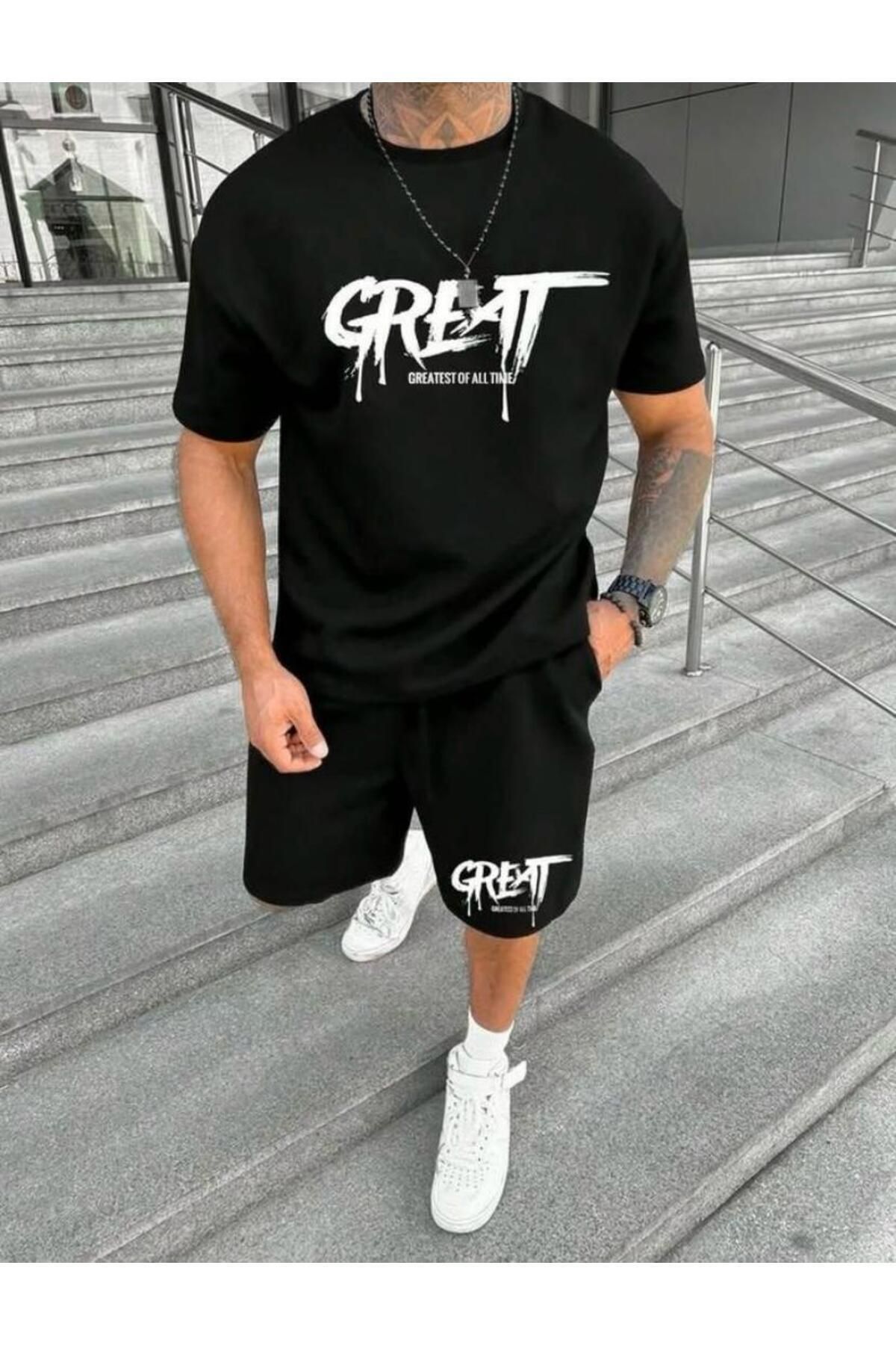 Mythologie Great T-shirt Penye Şort - Siyah Şort Tişört Takım Baskılı Oversize Bisiklet Yaka
