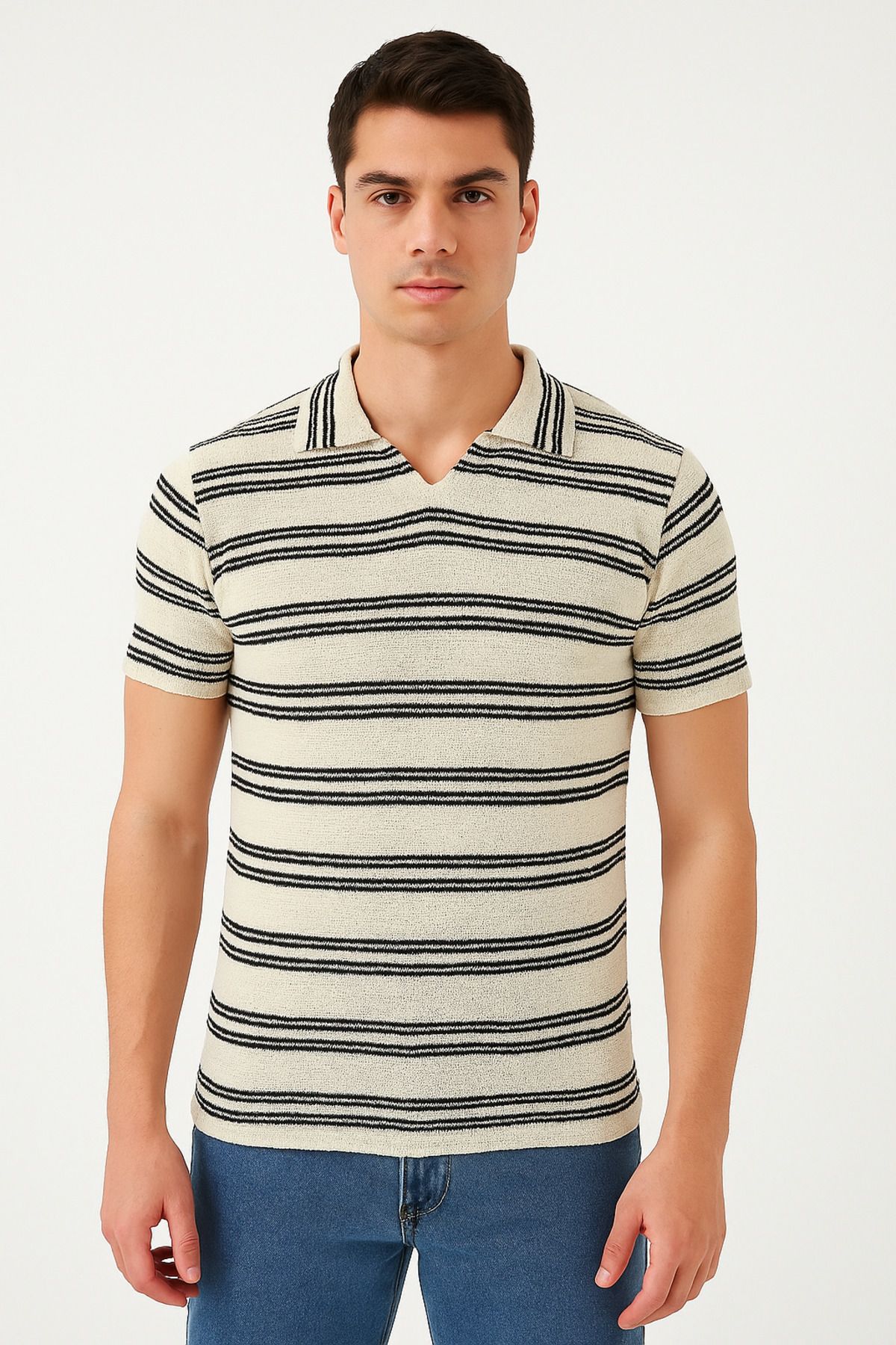YŞRLİNE COLLECTİON YSR YAKA DETAYLI CIZGILI ORME T-SHIRT KISA