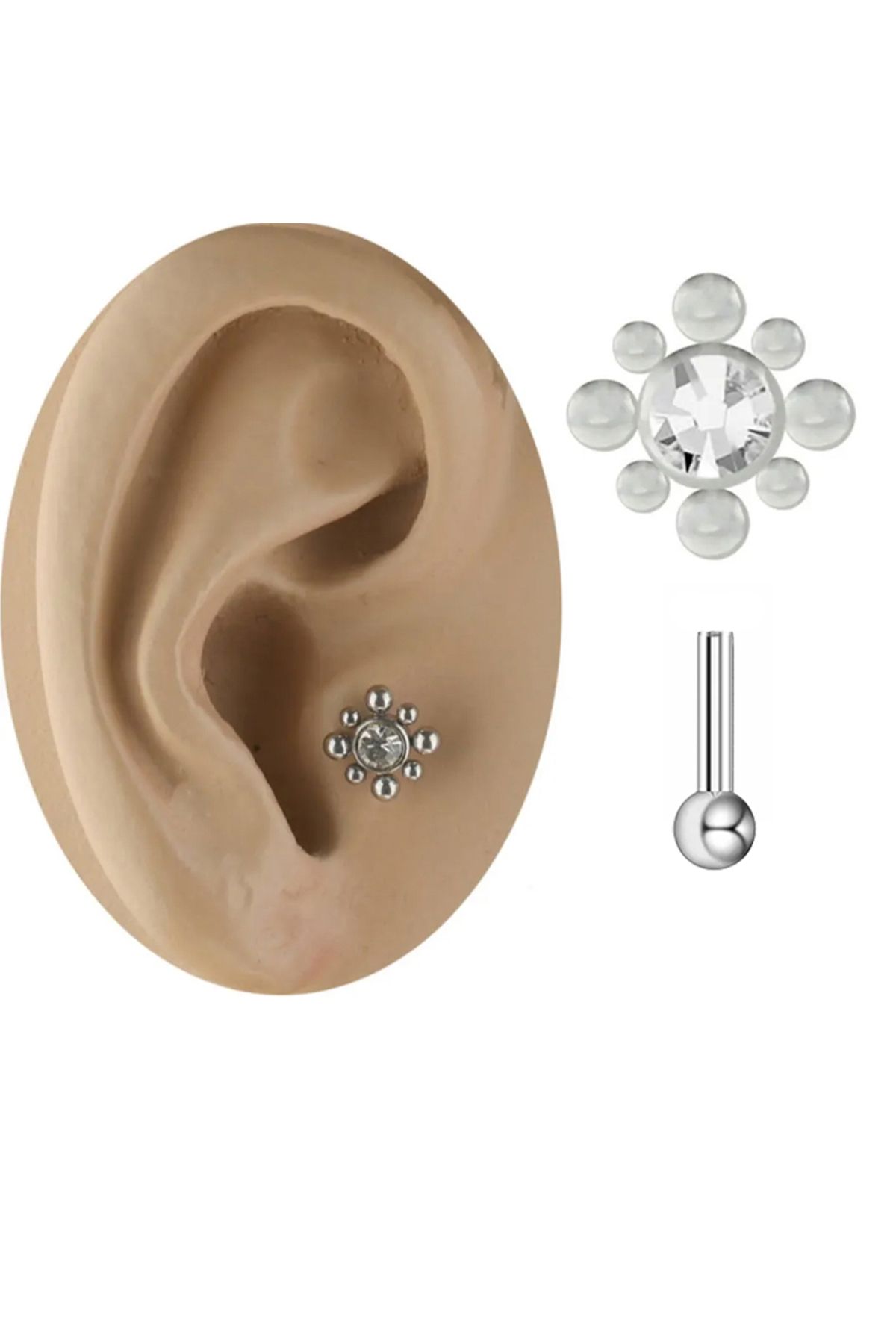 Cadının Dükkanı Sekiz Top Taşlı Çelik Tragus Helix Kıkırdak Piercing