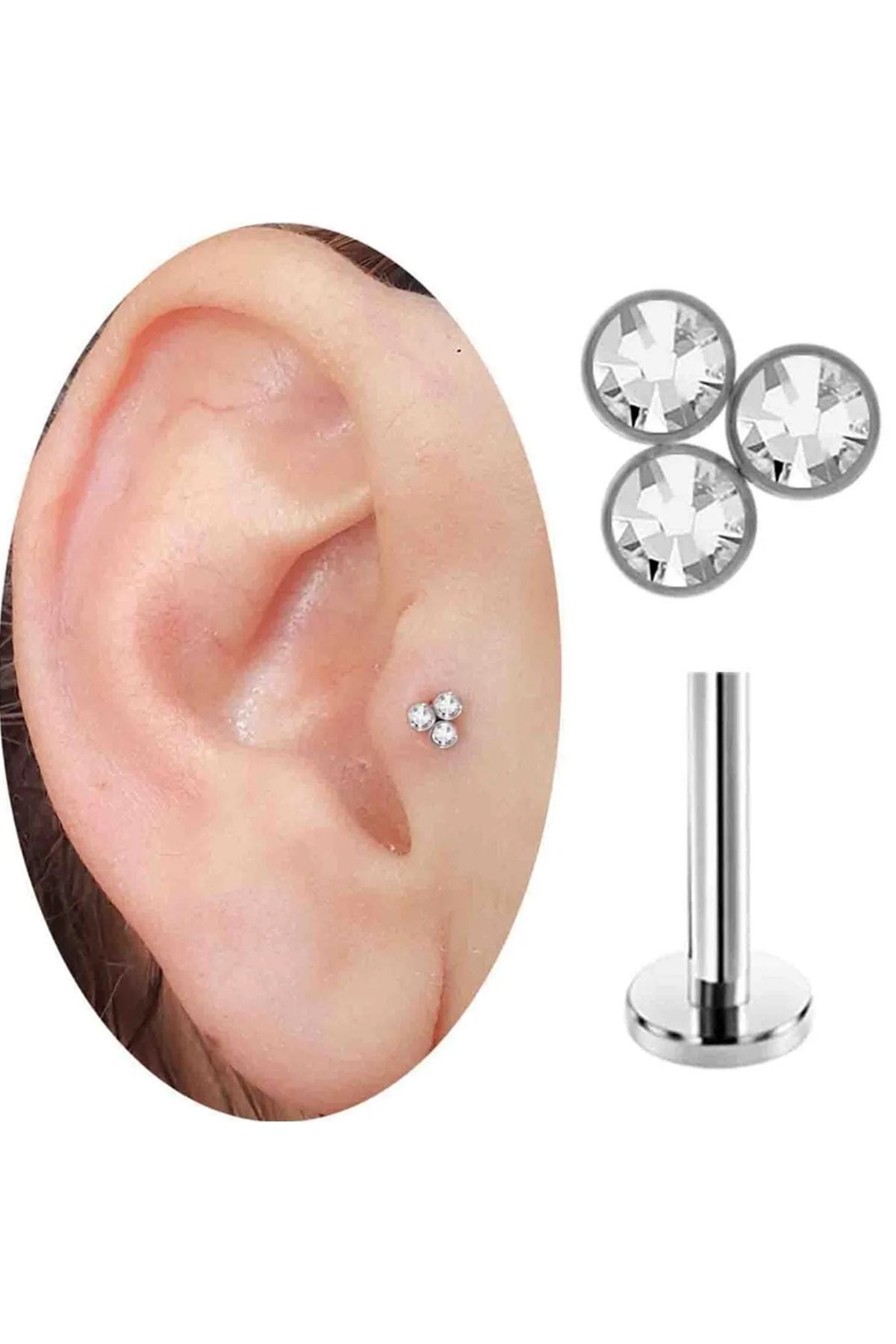 Cadının Dükkanı Üç Taş Çelik Tragus Helix Kıkırdak Piercing