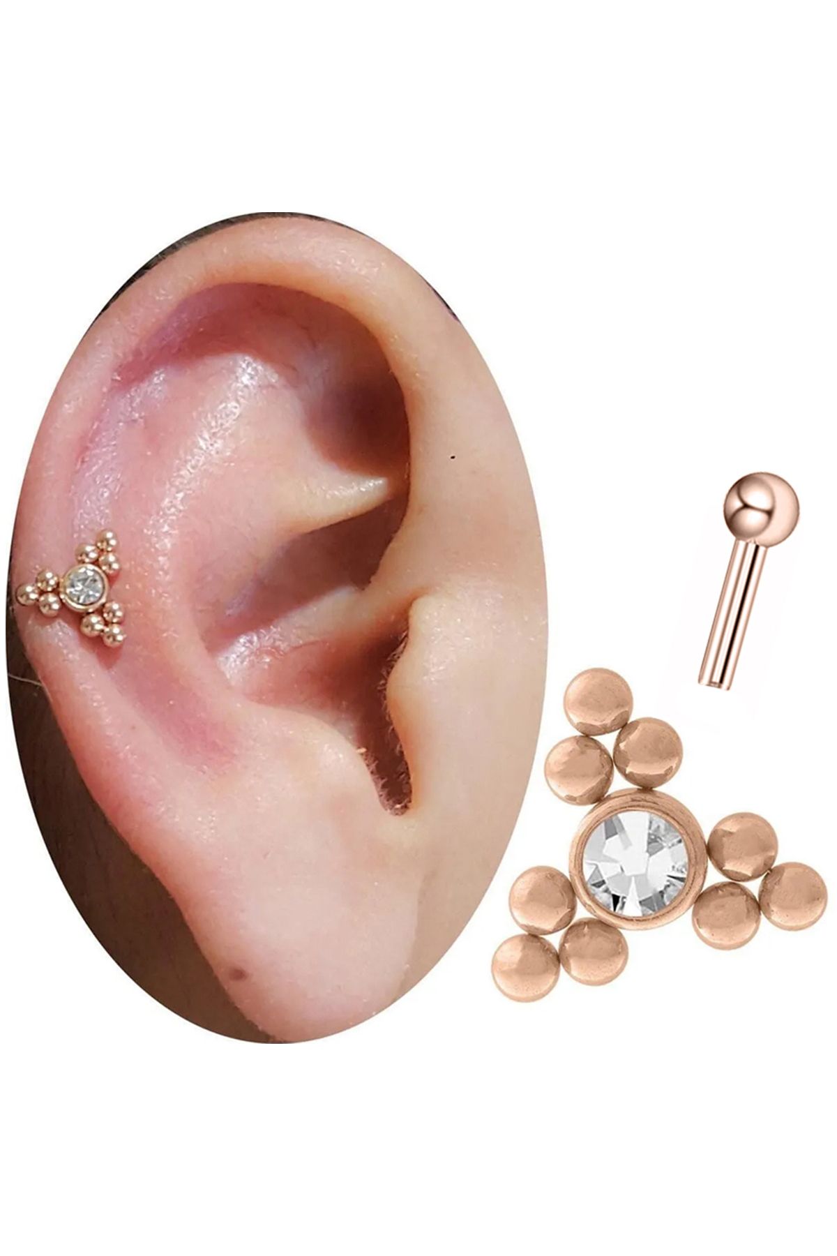 Cadının Dükkanı Taşlı Üçgen Rose Çelik Tragus Helix Kıkırdak Piercing