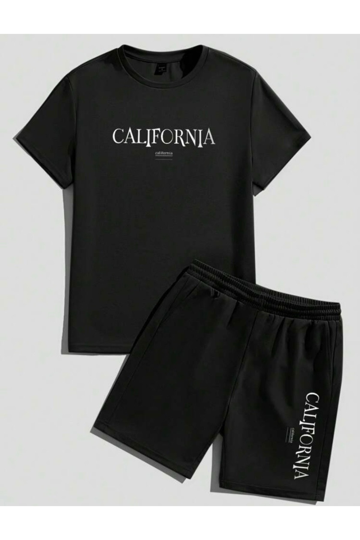 Mythologie-California T-Shirt Combed Cotton Shorts - Black Shorts T-Shirt Set Printed Oversize Crew Neck 2