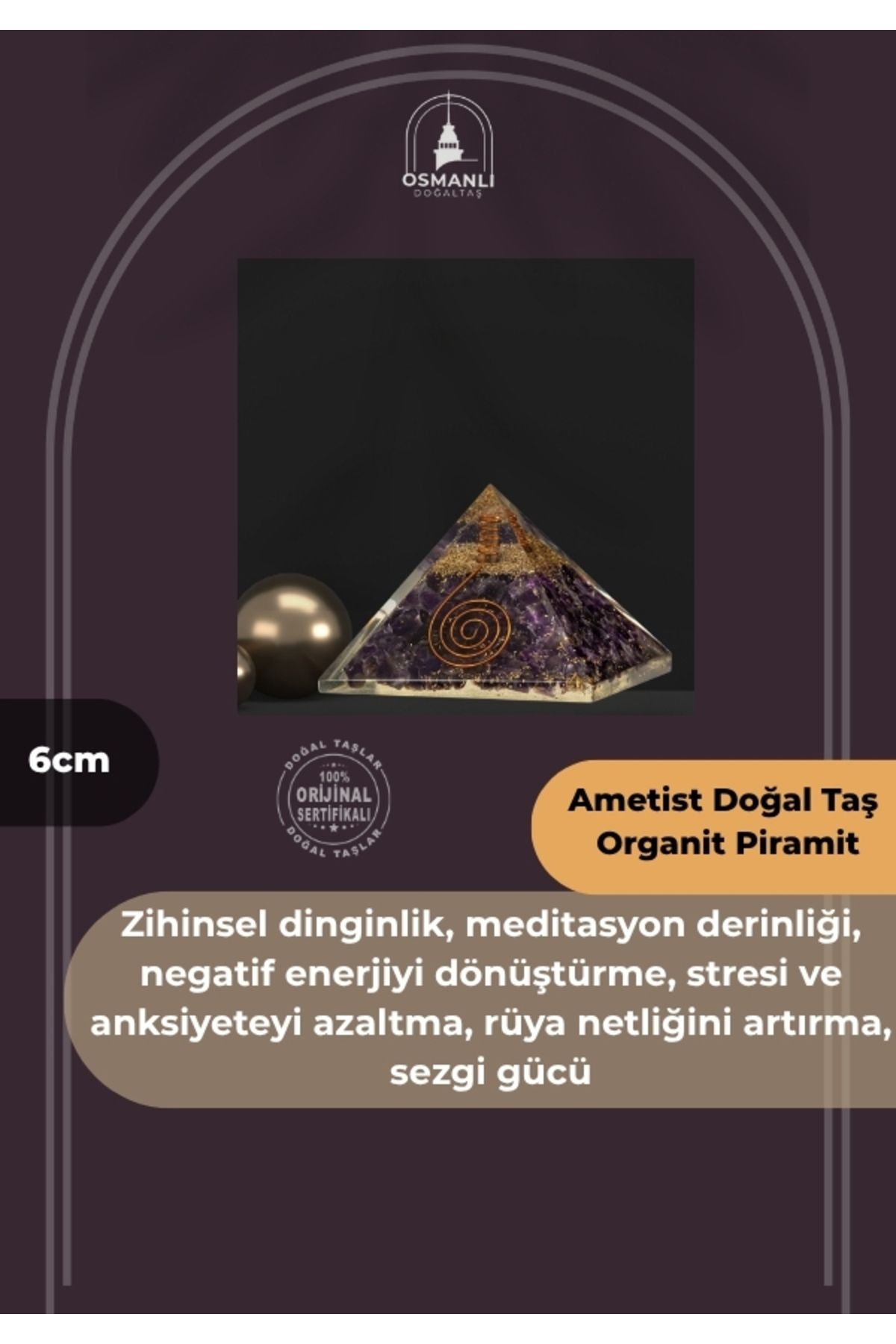 Elioure Doğal Ametist Taş Organit Piramit, 6cm, şifalı ve enerji dolu dekorasyon ürünü