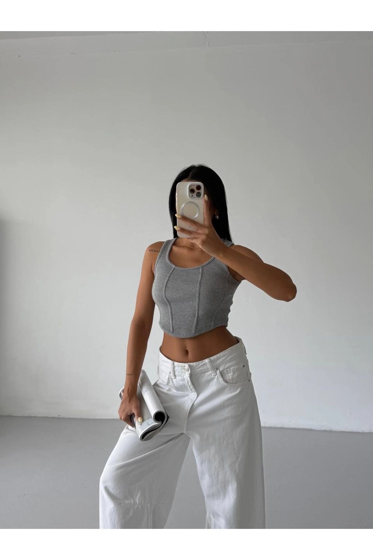 hazelin Kadın Gri Fitilli Kaşkorse Crop Bluz HZL25S-FRY123171