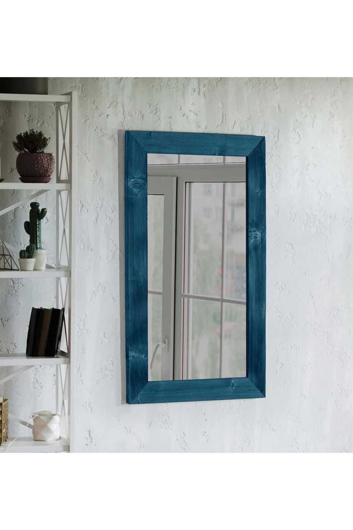 solmaz mobilya Doğal Ağaç mavi eskitme Cerceveli Ayna 100x60 cm