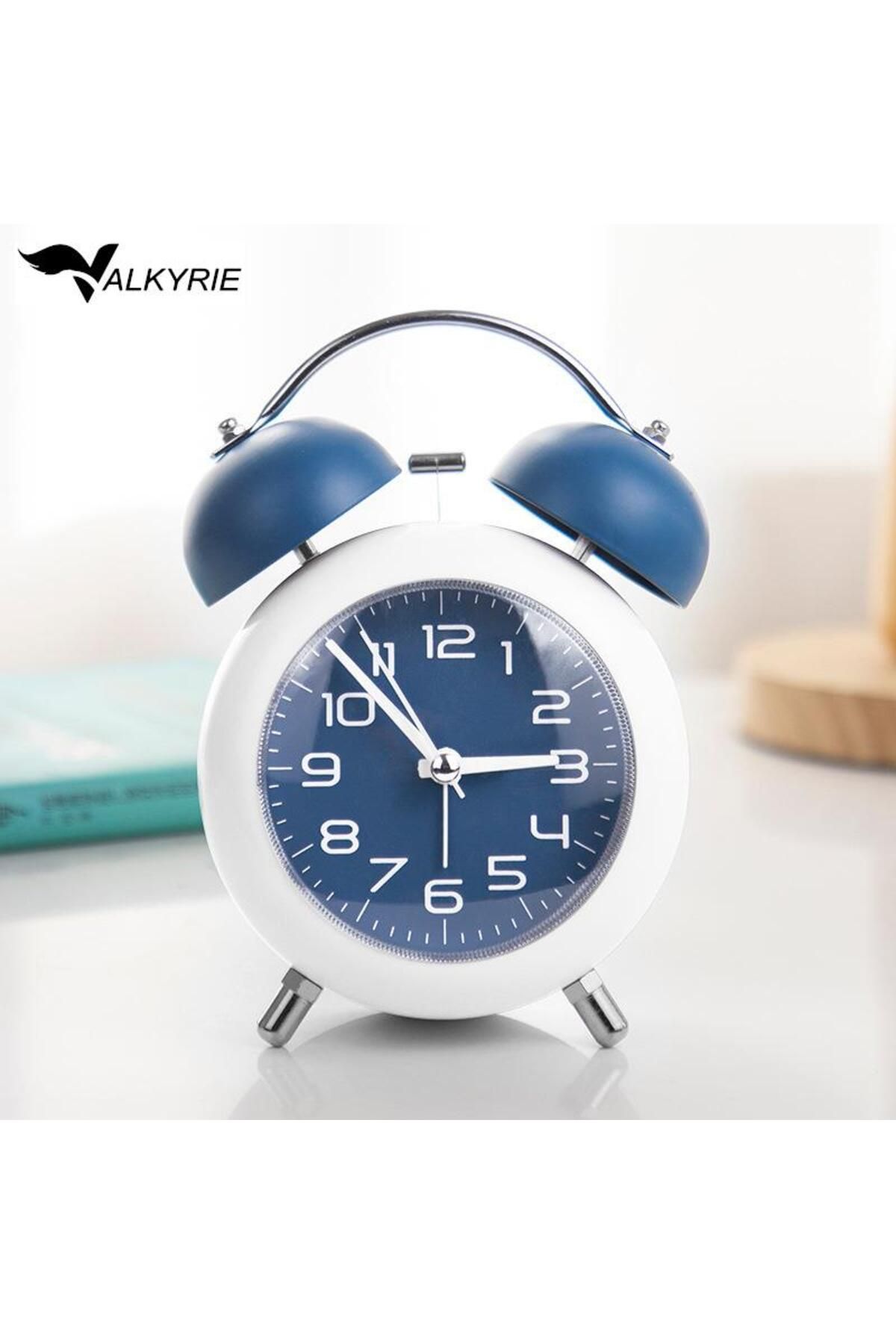 valkyrie Akar Saniyeli Analog Yüksek Sesli Şirin Masa Saati Alarmlı Işıklı Dakik Çift Çanlı Mavi