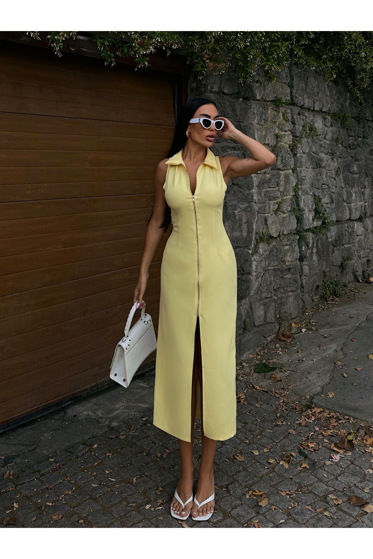 LB Laluna Butik Kadın Polo Yaka Fermuarlı Midi Elbise