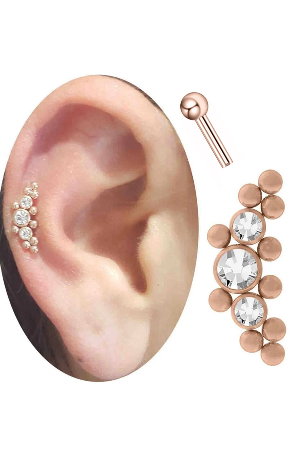 Cadının Dükkanı Taşlı Çelik Rose Tragus Helix Kıkırdak Piercing
