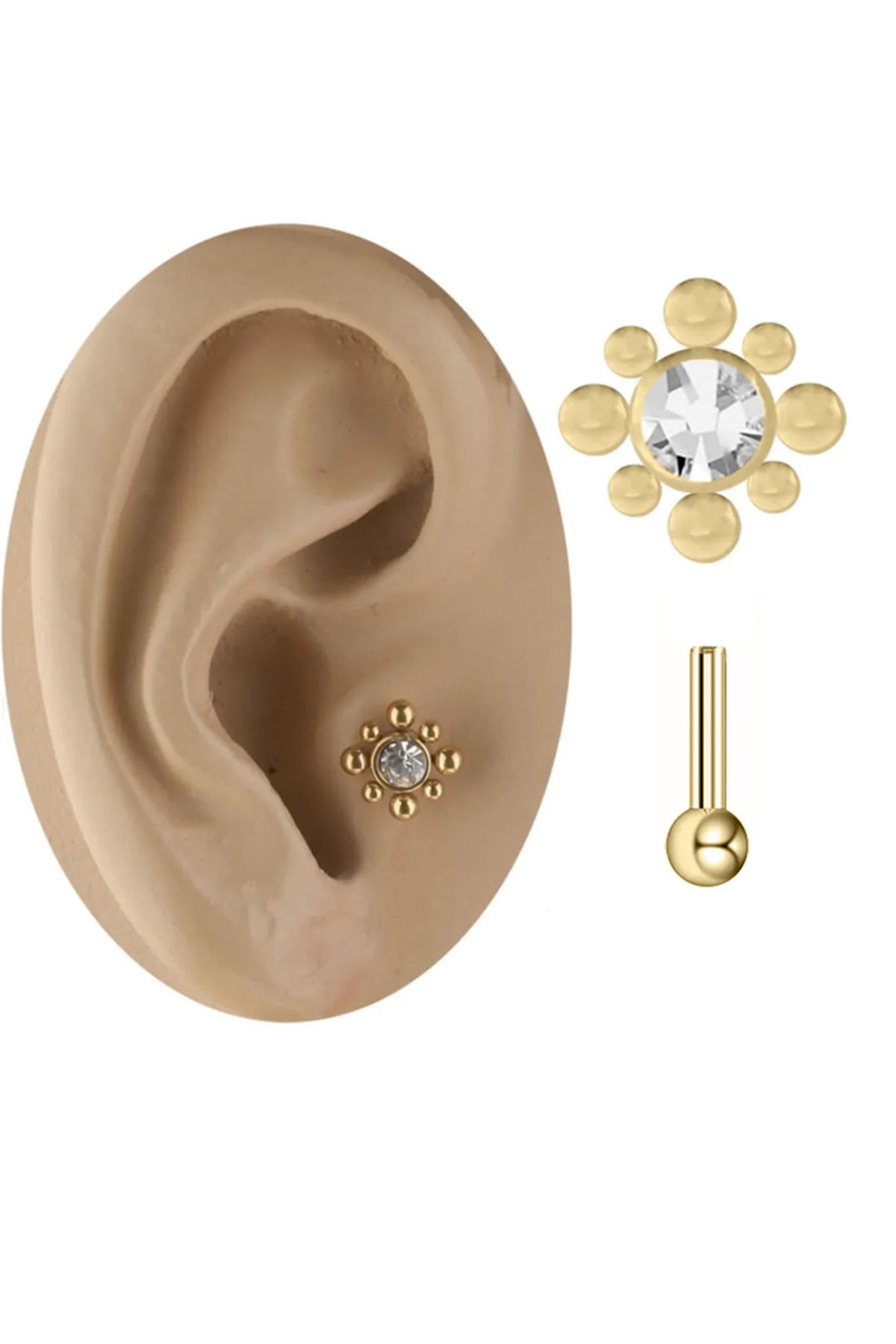 Cadının Dükkanı Sekiz Top Taşlı Gold Çelik Tragus Helix Kıkırdak Piercing