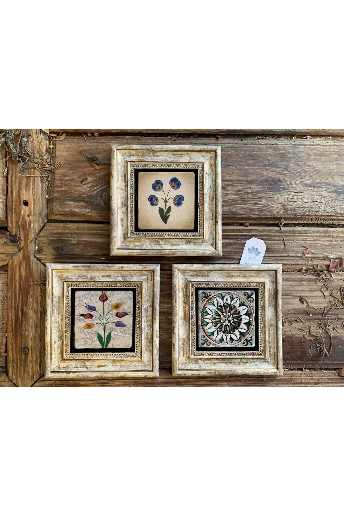 Elioure Ebruli Çiçekli Taş Çerçeve Seti, 20x20 cm, 3'lü, 2 adet, dekoratif tasarım