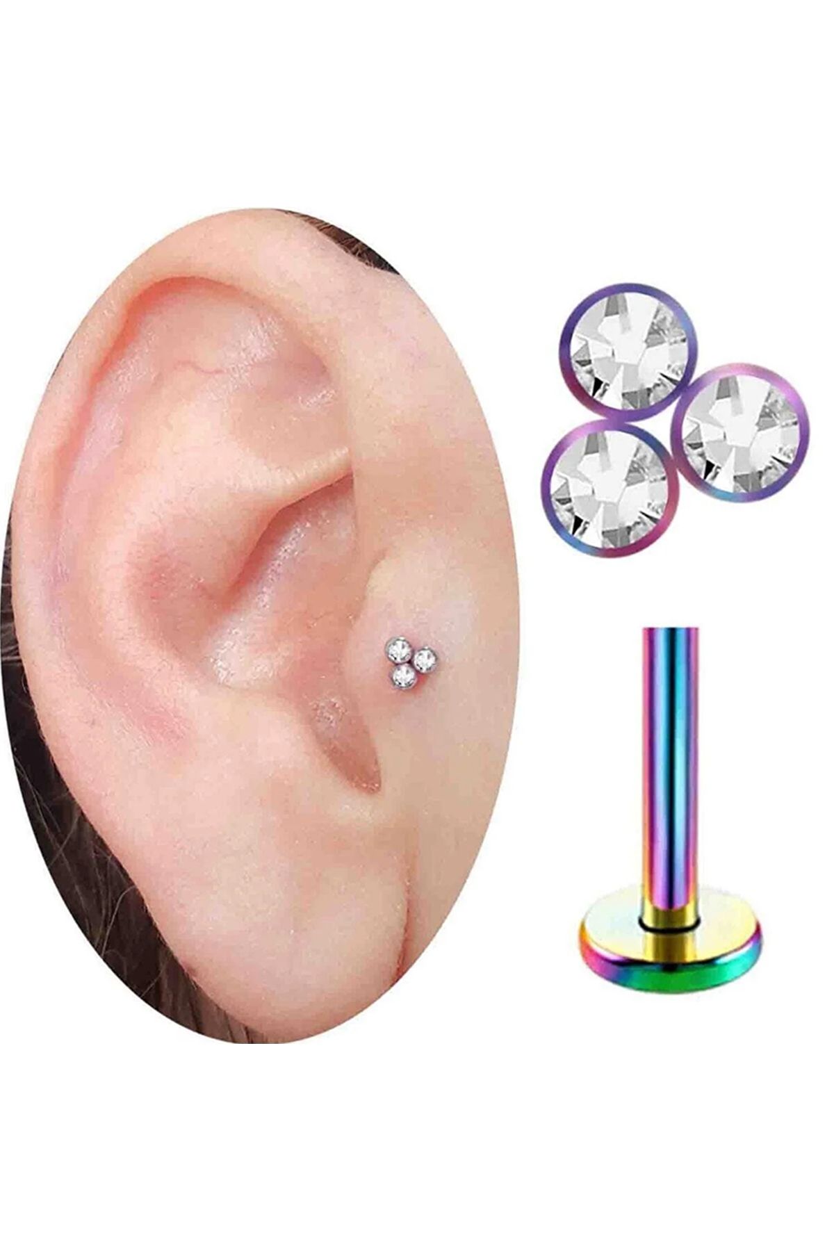 Cadının Dükkanı Üç Taş Gökkuşağı Çelik Gold Tragus Helix Kıkırdak Piercing