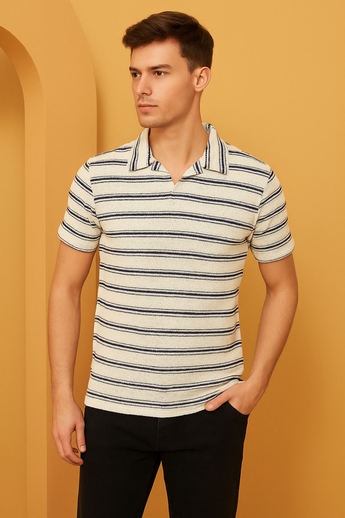 YŞRLİNE COLLECTİON YSR YAKA DETAYLI CIZGILI ORME T-SHIRT KISA