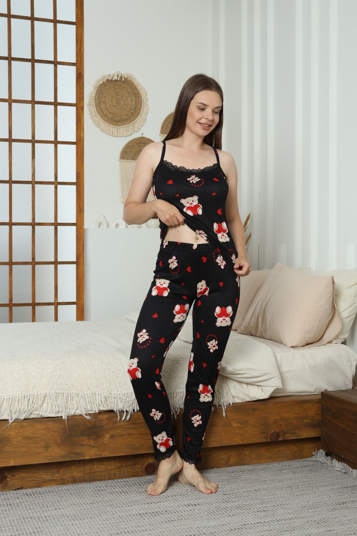 LİLA İÇ GİYİM Pegasus İp Askılı Alt Uz Siyah Ayıcık Desenli Pijama Takımı