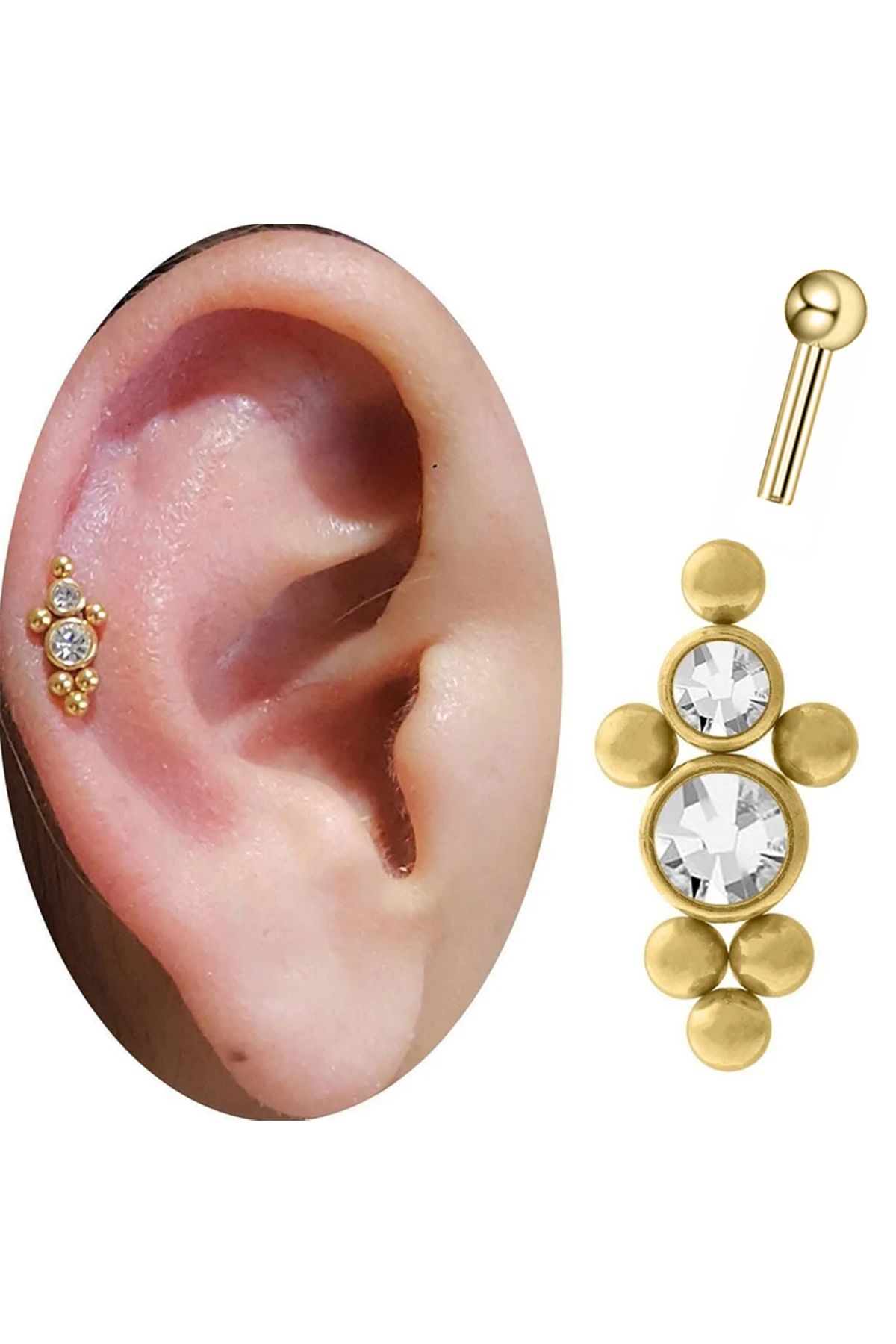 Cadının Dükkanı Taşlı Gold Çelik Tragus Helix Kıkırdak Piercing