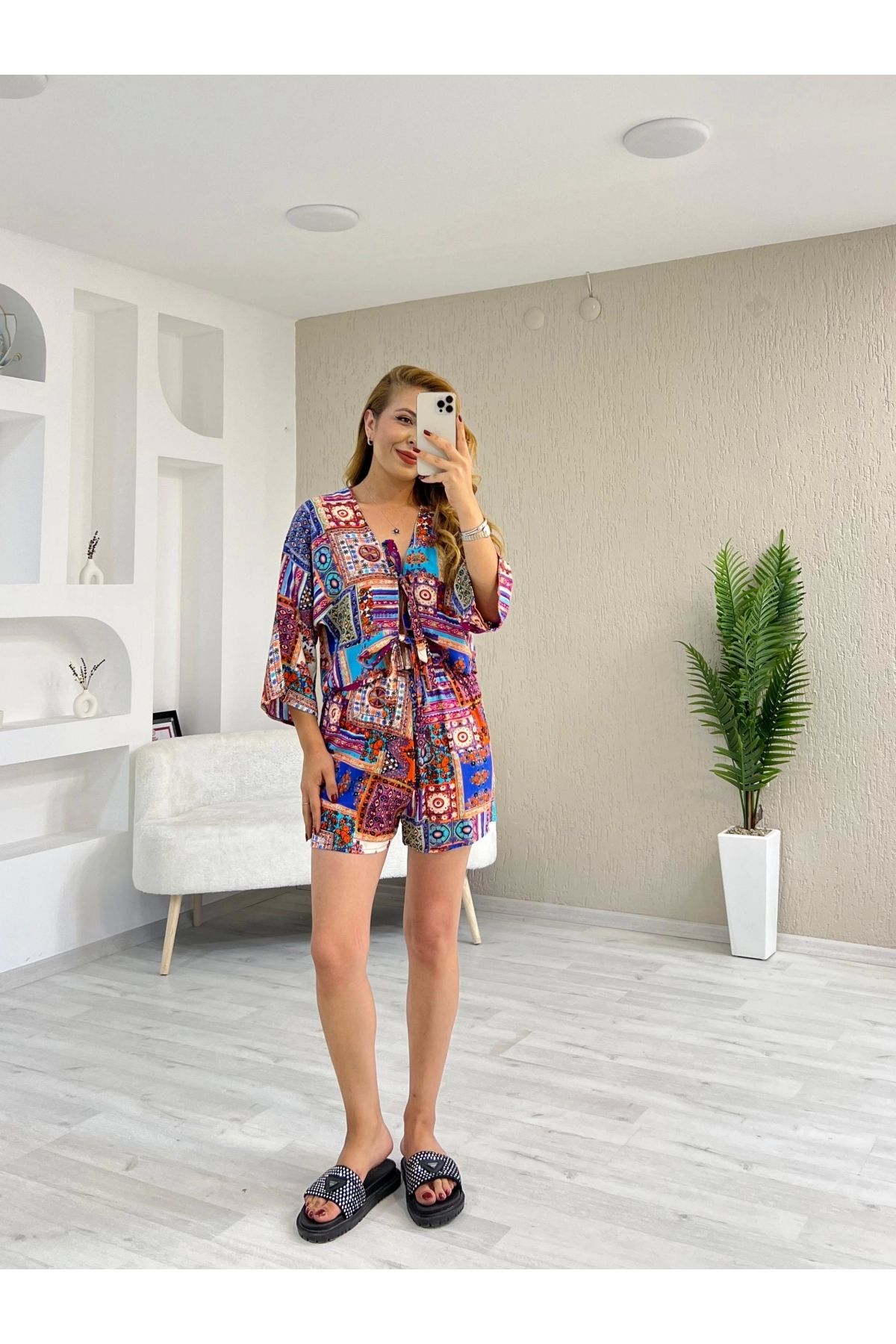 İrka Moda Desenli Kimono Şortlu Takım Mor