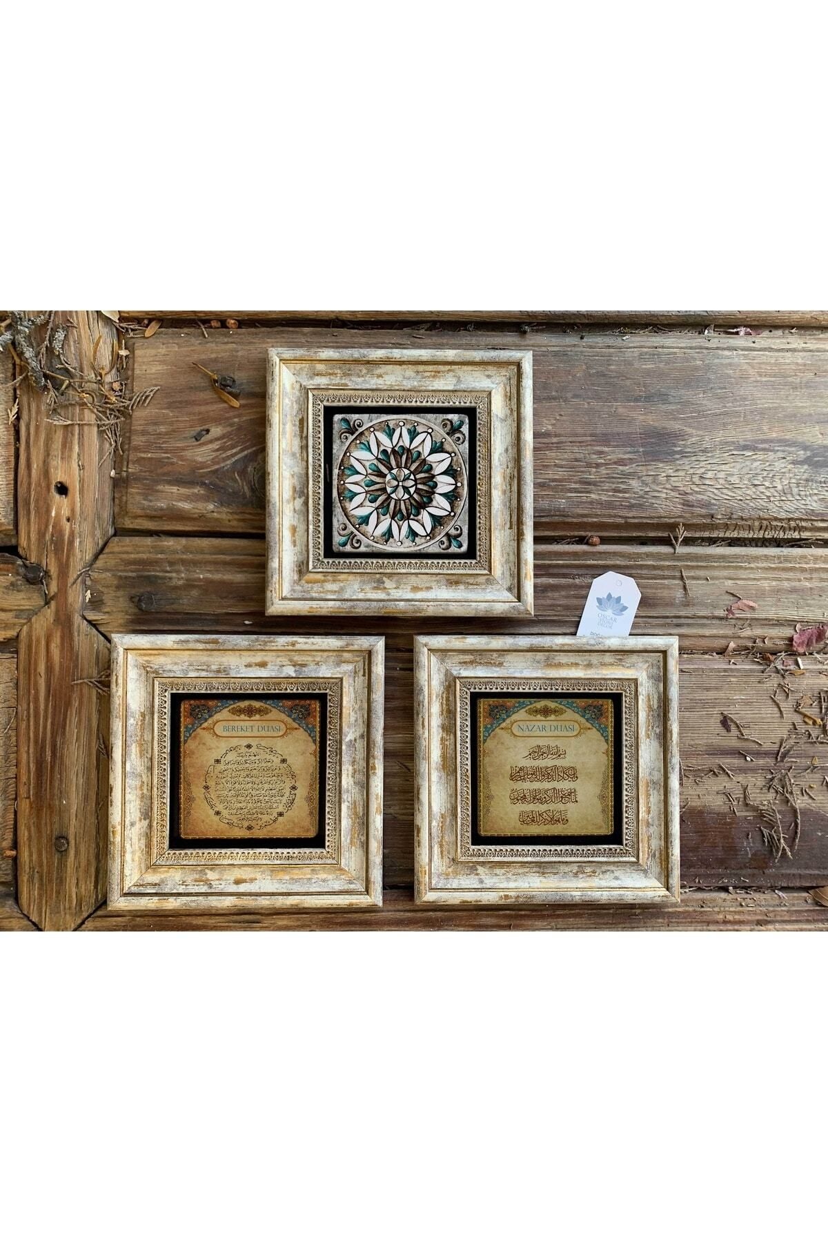 Elioure Çerçeveli Taş Duvar Dekoru, 20x20 cm, 3'lü Set, Bereket ve Nazar Deseni