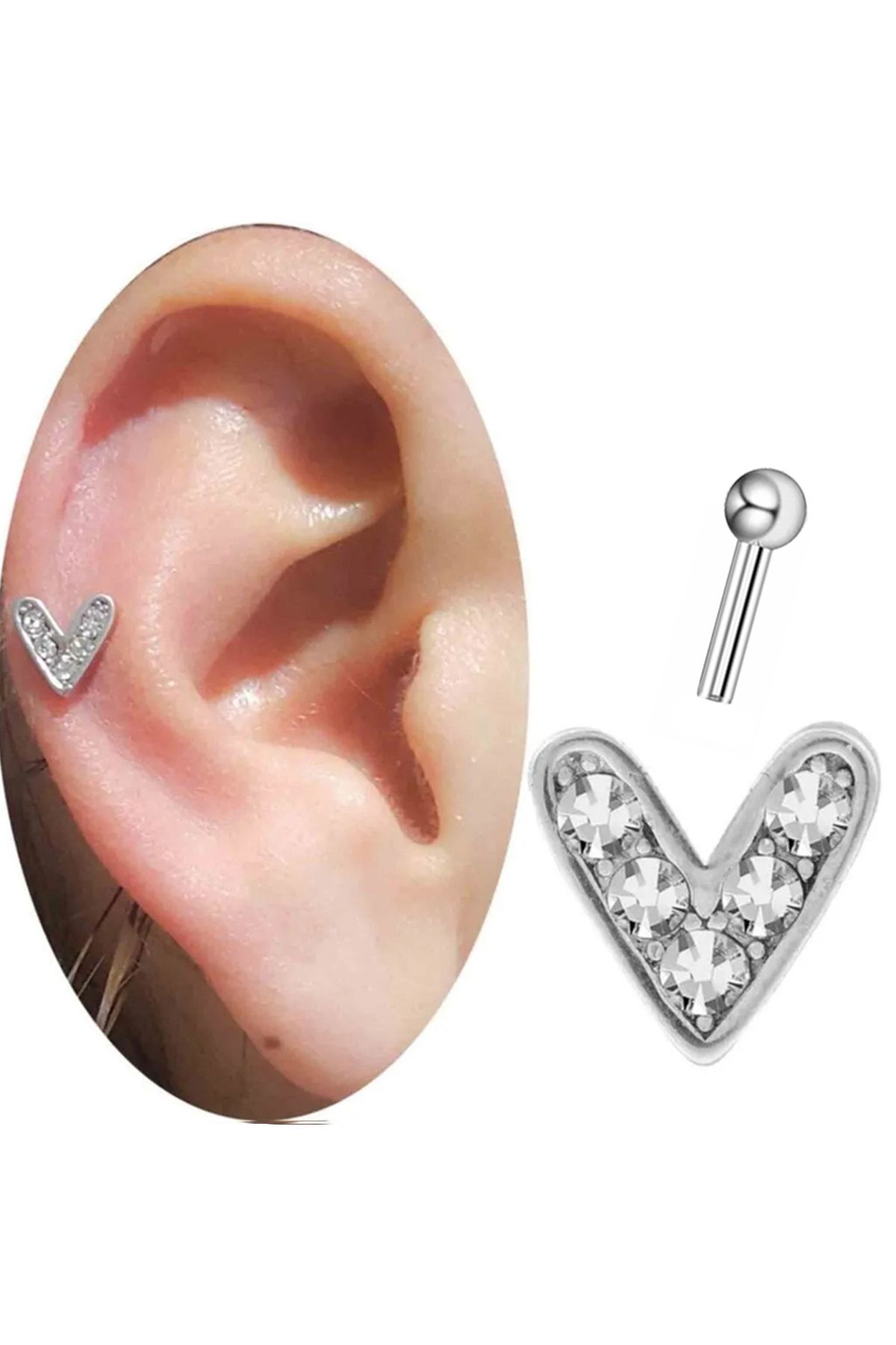 Cadının Dükkanı Taşlı Çelik Kalp Tragus Helix Kıkırdak Piercing