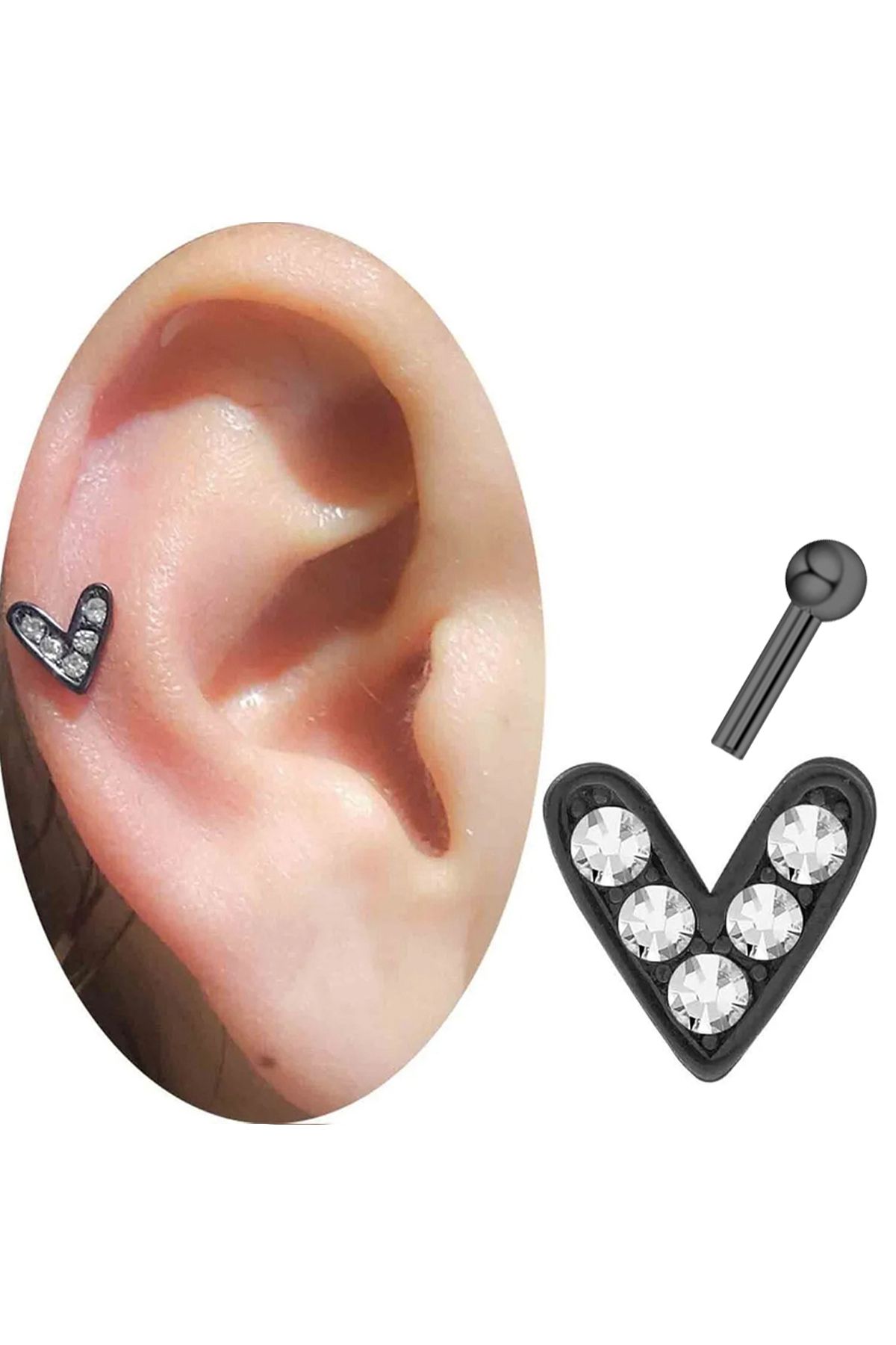 Cadının Dükkanı Taşlı Çelik Kalp Siyah Tragus Helix Kıkırdak Piercing