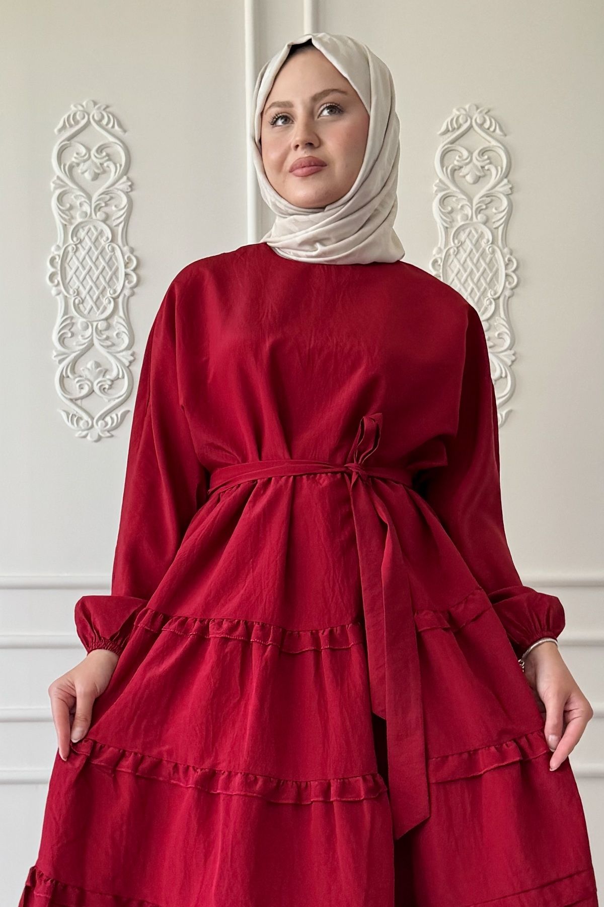 InStyle-Skirt Layer Ruffle Detail Modal Burgundy Dress 4