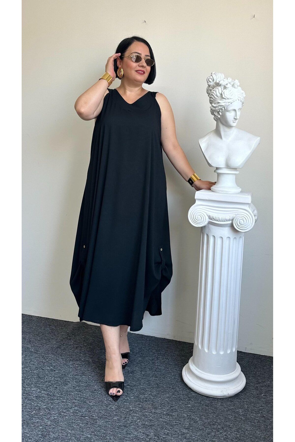 Vio Moda Büyük Beden V Yaka Dokuma Paris Elbise