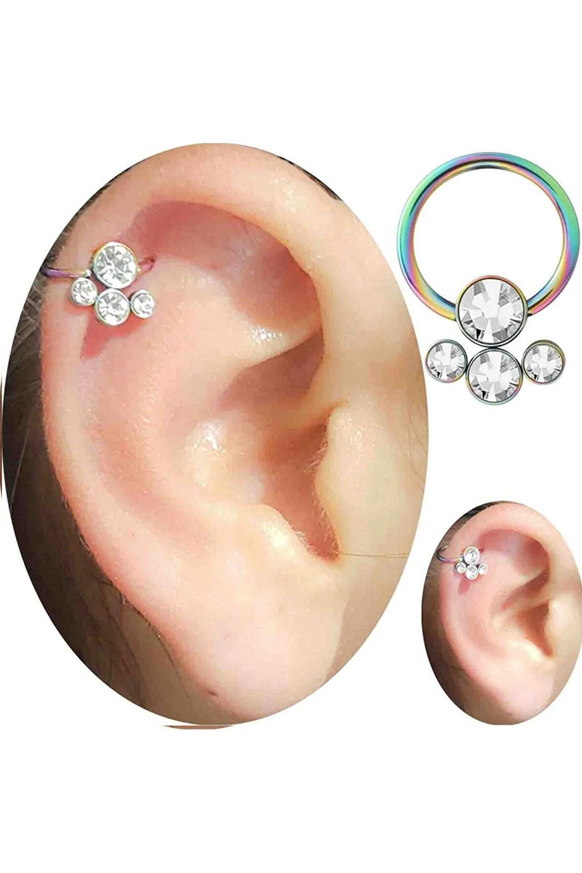 Cadının Dükkanı Dört Taş Çelik Gökkuşağı Halka Septum Helix Kıkırdak Piercing