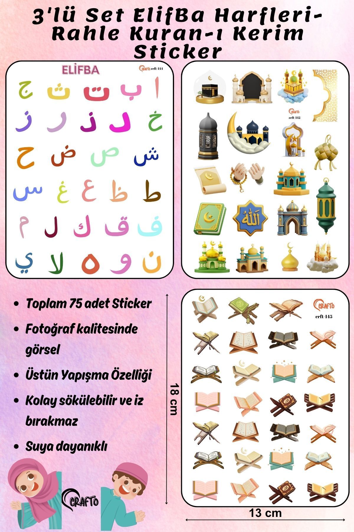 Crafto Rahle Kuran-ı Kerim ElifBa Harfleri Temalı Sticker Seti 3'lü Avantajlı Set