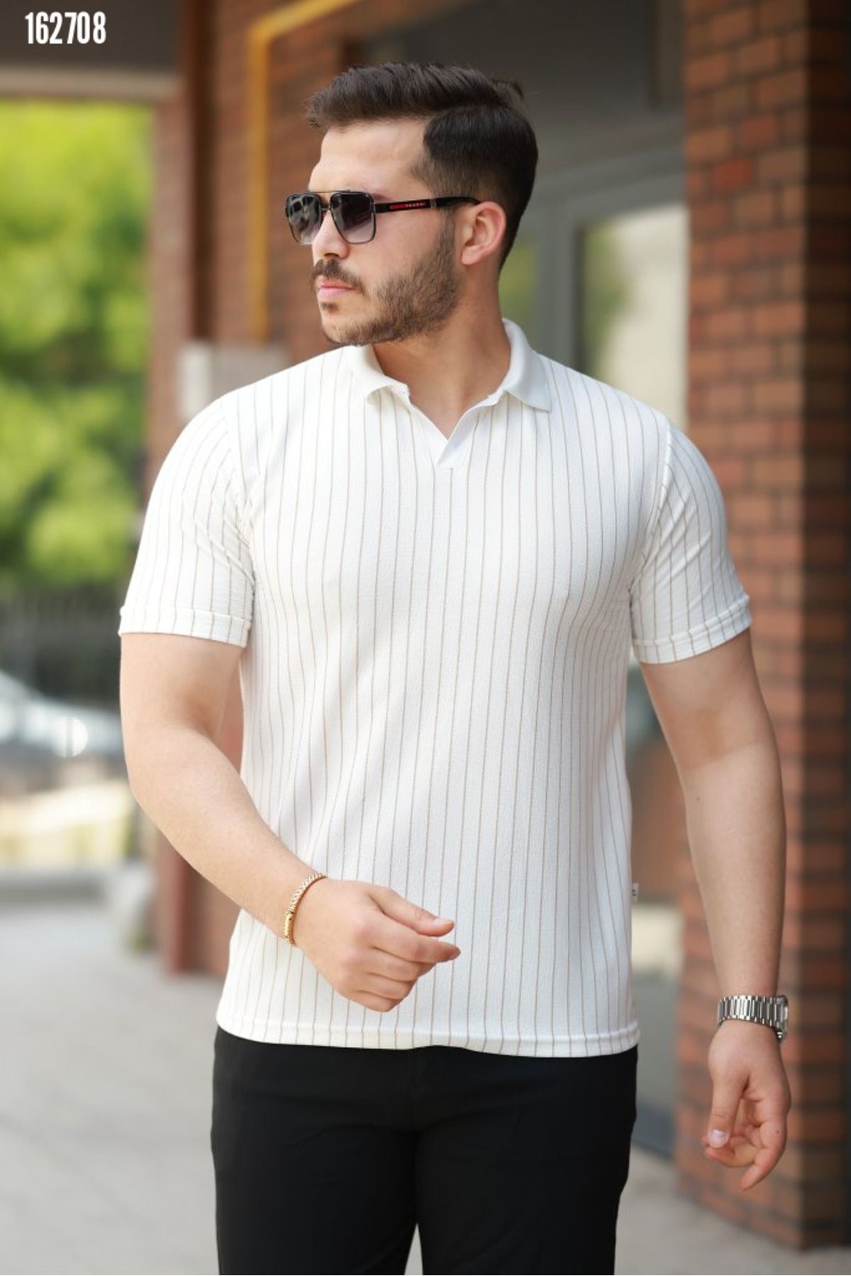 moda wanilia Erkek Çizgi Detaylı Şık Polo Yaka T-shirt