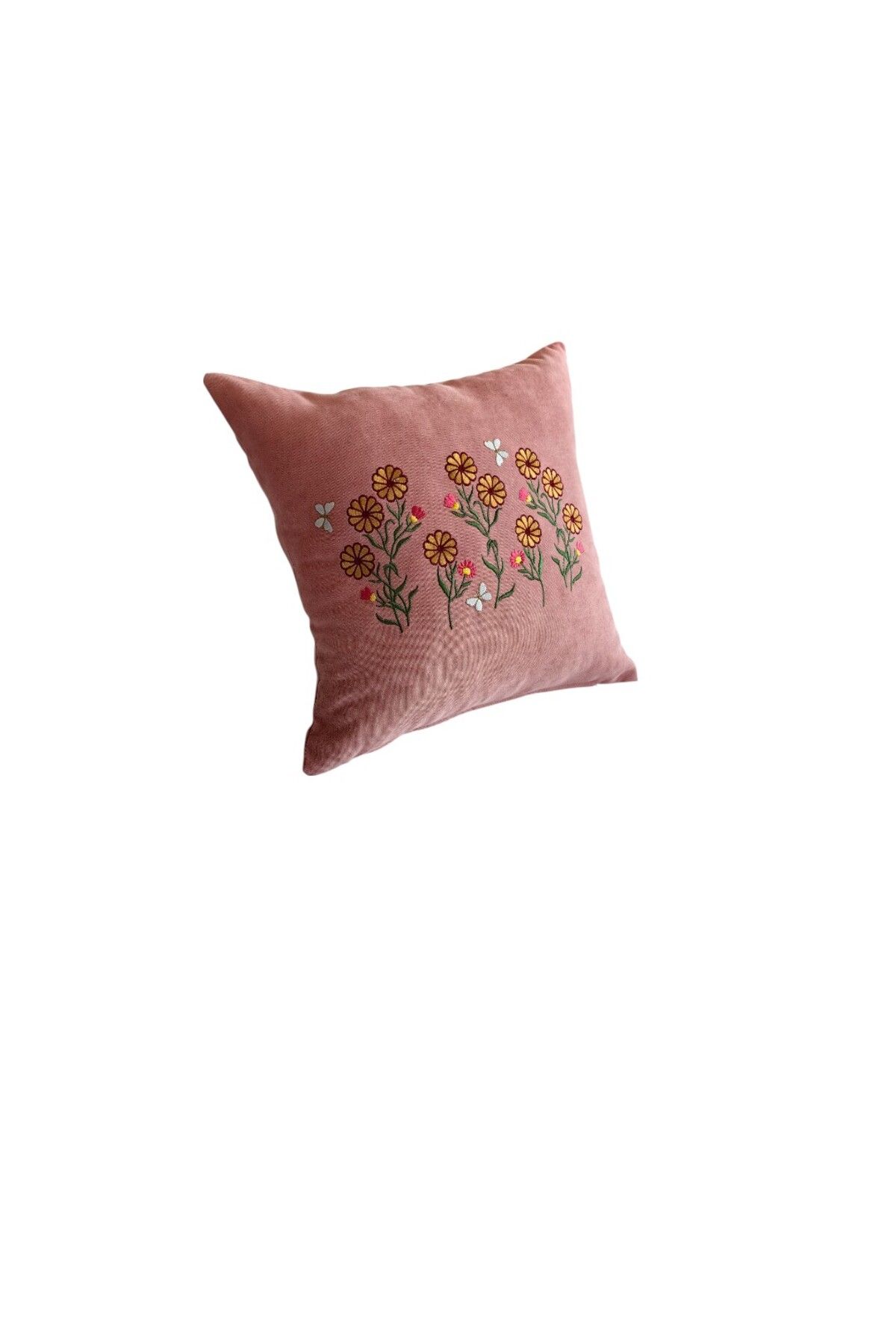 HHKARTS Pembe Renk Çiçek Desenli Nakışlı Yastık Kılıfı 40X40 | Kırlent Kılıfı Fermuarlı