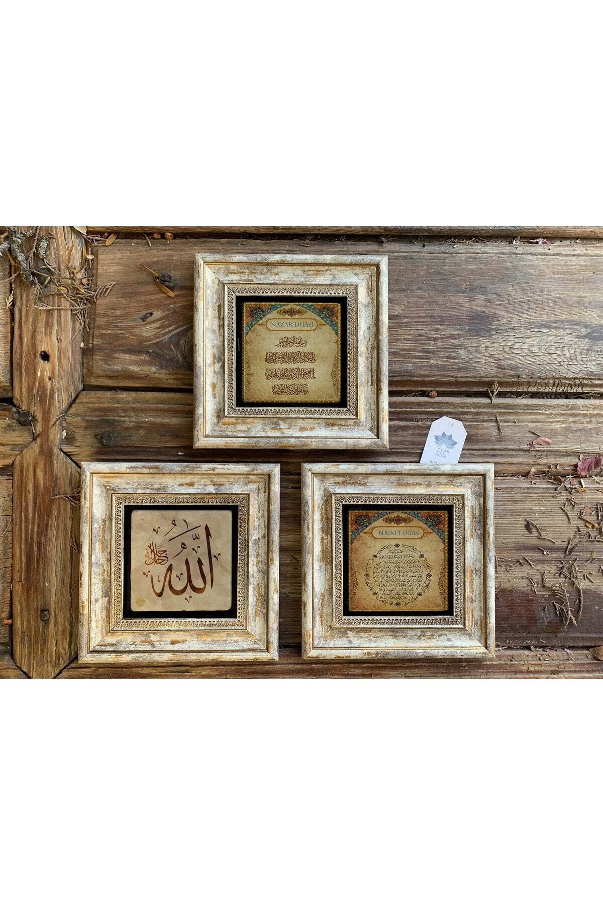 Elioure Çerçeveli Taş Duvar Dekoru 20x20 Cm 3’lü Set Bereket Nazar ve Allah Yazısı