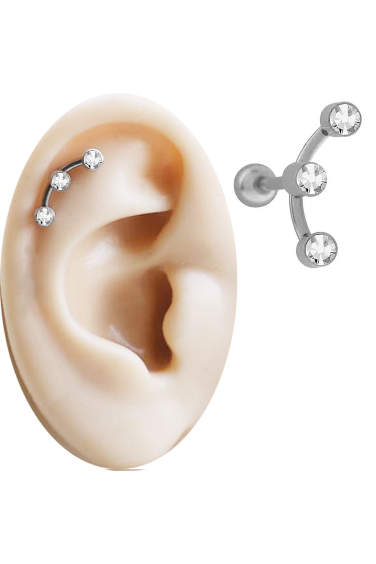 Cadının Dükkanı Üç Taşlı Çelik Tragus Helix Kıkırdak Piercing