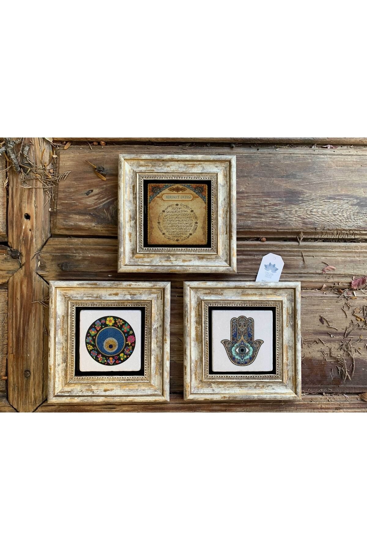 Elioure Çerçeveli Taş Duvardekoru 20x20cm, 3'lüset, bereket, nazar boncuğu, Fatma Ana Eli