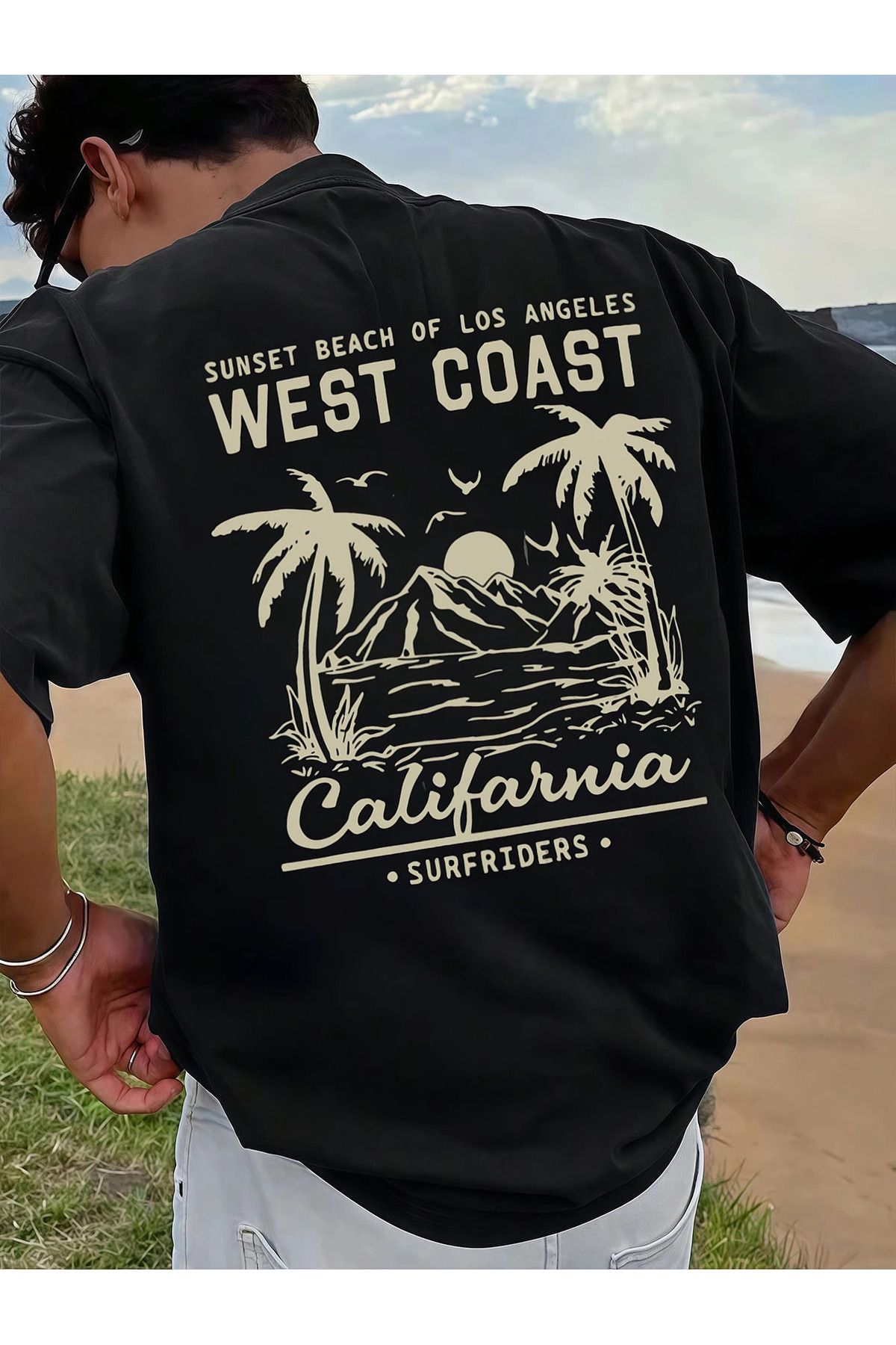 İnazuma Outdoors Unisex Oversize Baskılı Pamuklu Bisiklet Yaka Kısa Kollu SİYAH T-shirt california