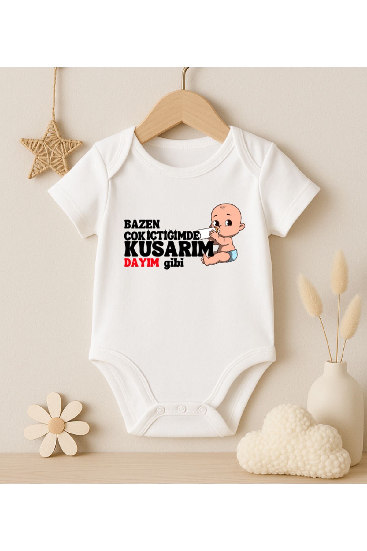 MODAT Bazen Çok İçtiğimde Kusarım Dayım gibi Yazılı Baskılı Bebek badi zıbın