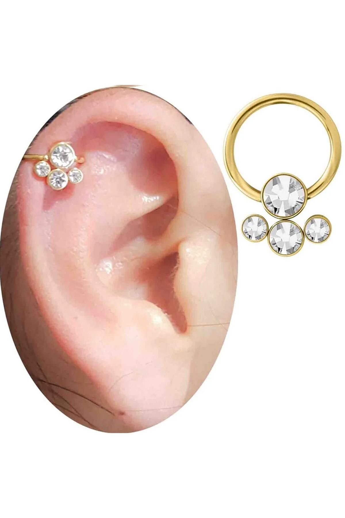 Cadının Dükkanı Dört Taş Çelik Gold Halka Septum Helix Kıkırdak Piercing