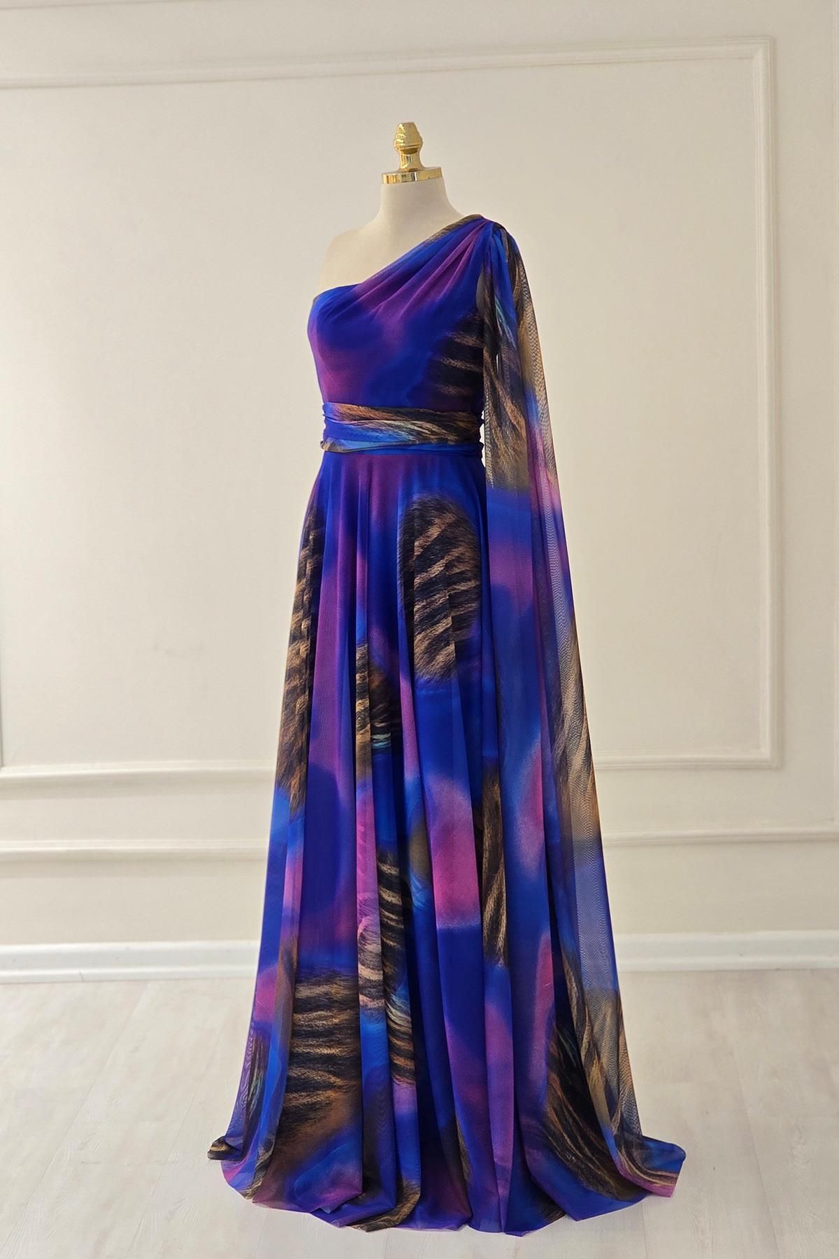 Yonca Moda Evi Saks Mavi Tek Omuz Desenli Abiye 7280