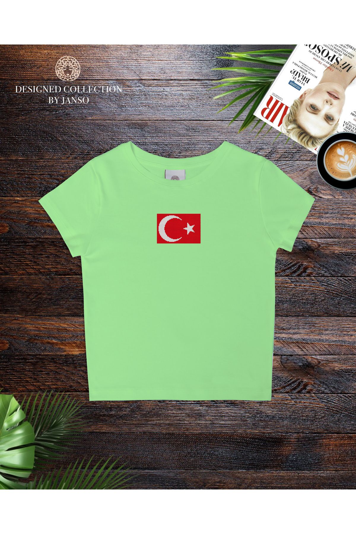 JANSO GROUP - KADIN KISA KOLLU CROP TSHIRT TÜRKİYE TÜRK BAYRAĞI BASKILI PAMUKLU