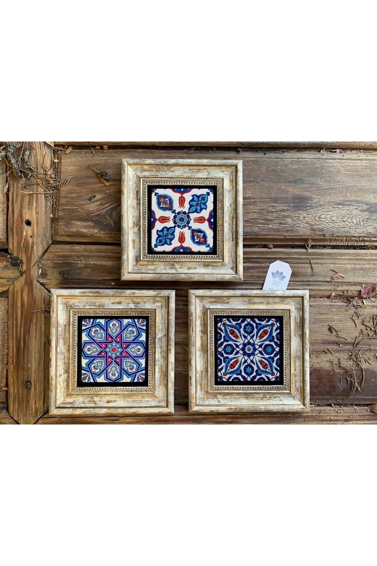 Elioure 20x20 cm taş duvar dekoru, çini desenli çerçeveli tasarım