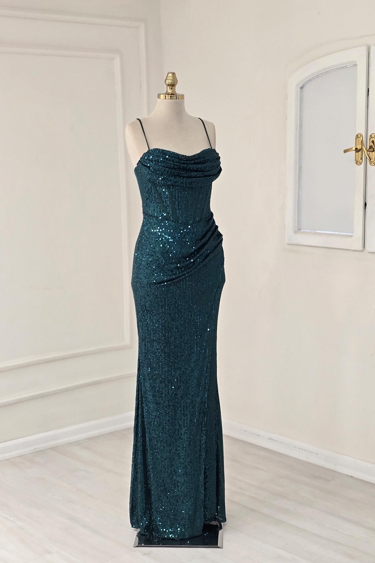 Yonca Moda Evi Zümrüt Payetli Önü Balenli Yırtmaçlı Abiye 01327