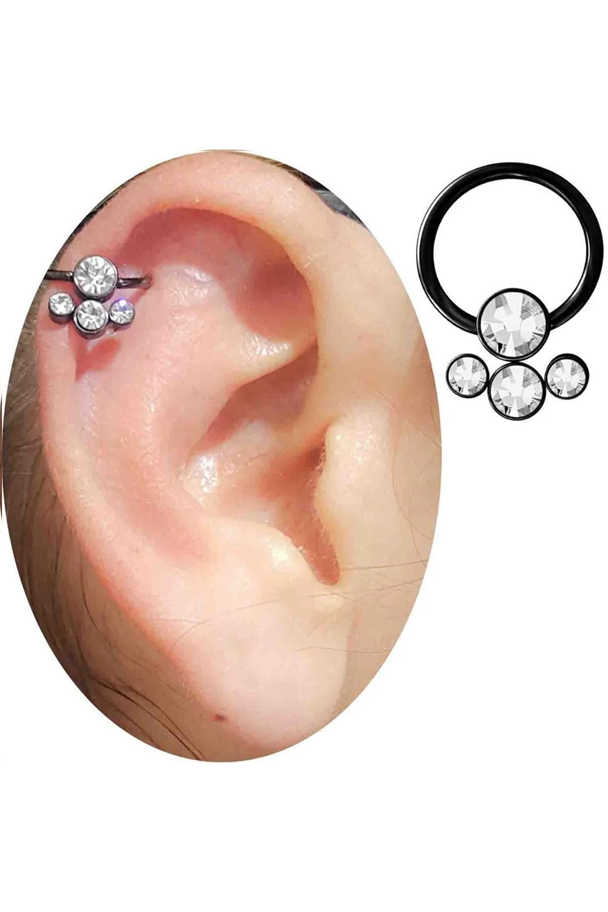 Cadının Dükkanı Dört Taş Çelik Siyah Halka Septum Helix Kıkırdak Piercing