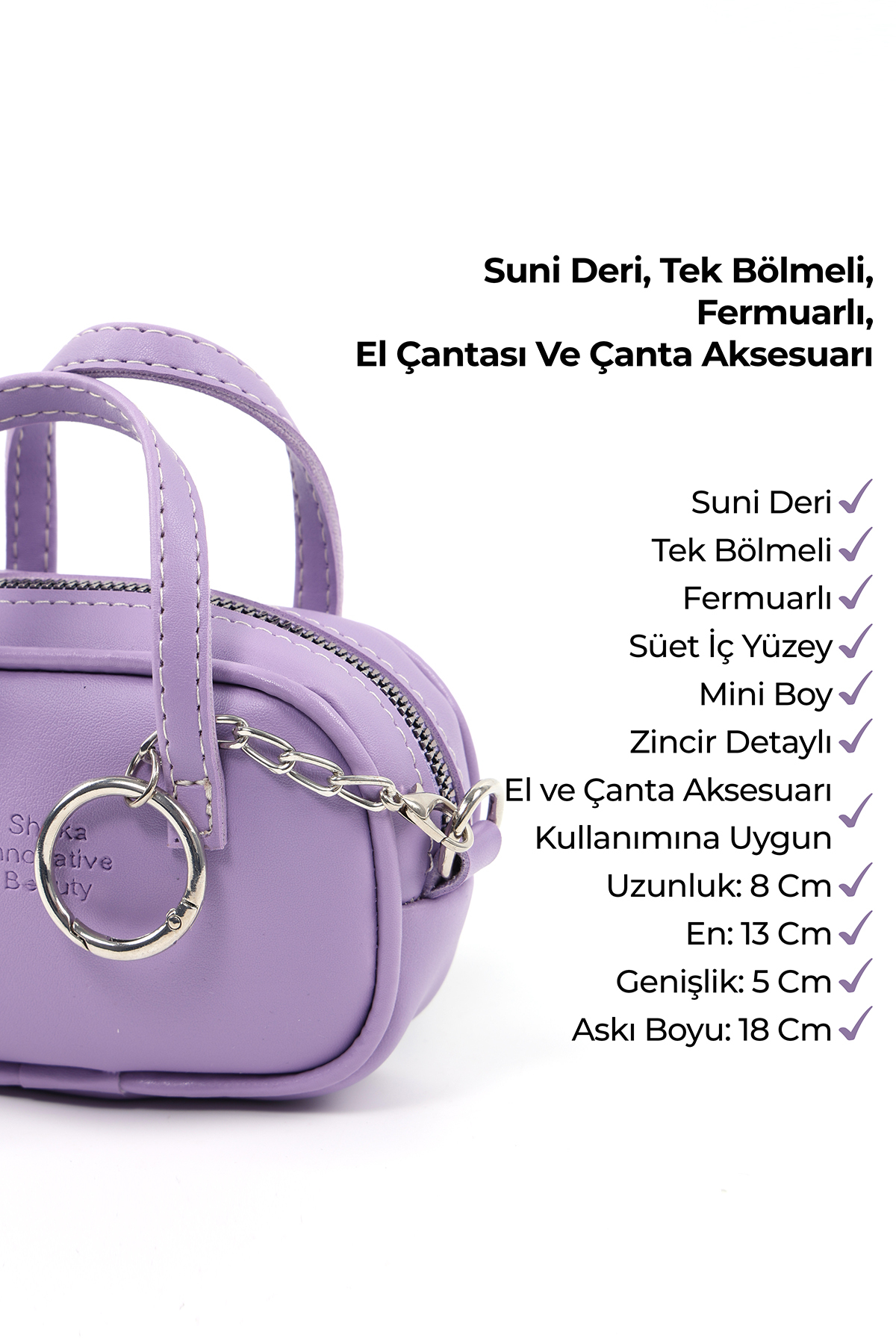 SHAKA Lila Shk210 Suni Deri Tek Bölmeli Fermuarlı El Çantası Ve Charm Çanta Aksesuarı görsel 7