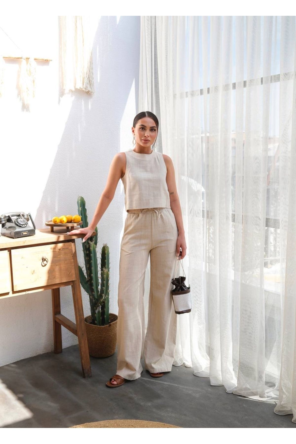 moda paketi Kadın Keten Bluz ve Pantolon Takım