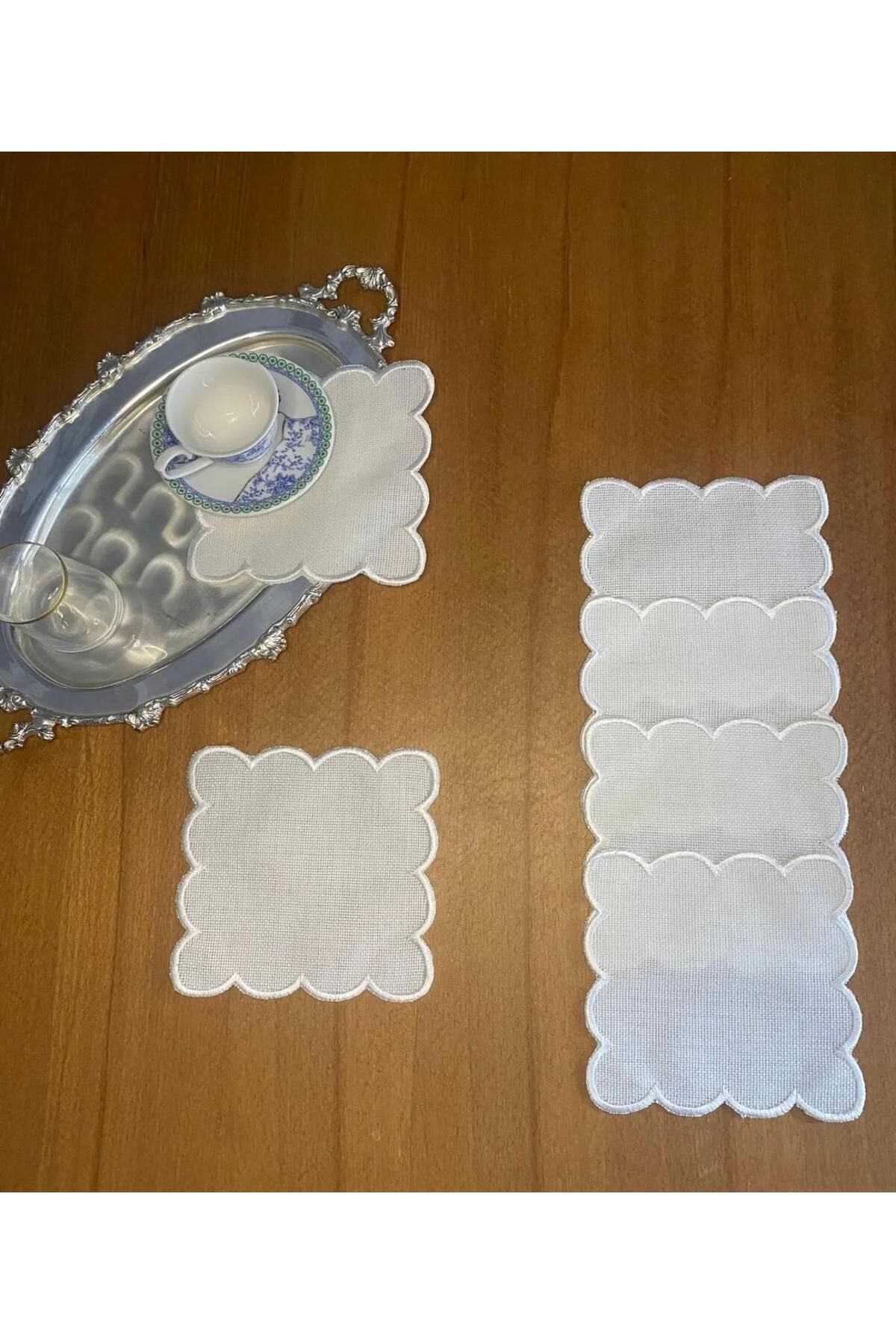 İNCİ ÇEYİZ 6 Adet Keten Kare İşlemeye Uygun Tek Sargı Nakışlı Kahve Yanı Kokteyl Peçetesi & Bardak Altlığı.