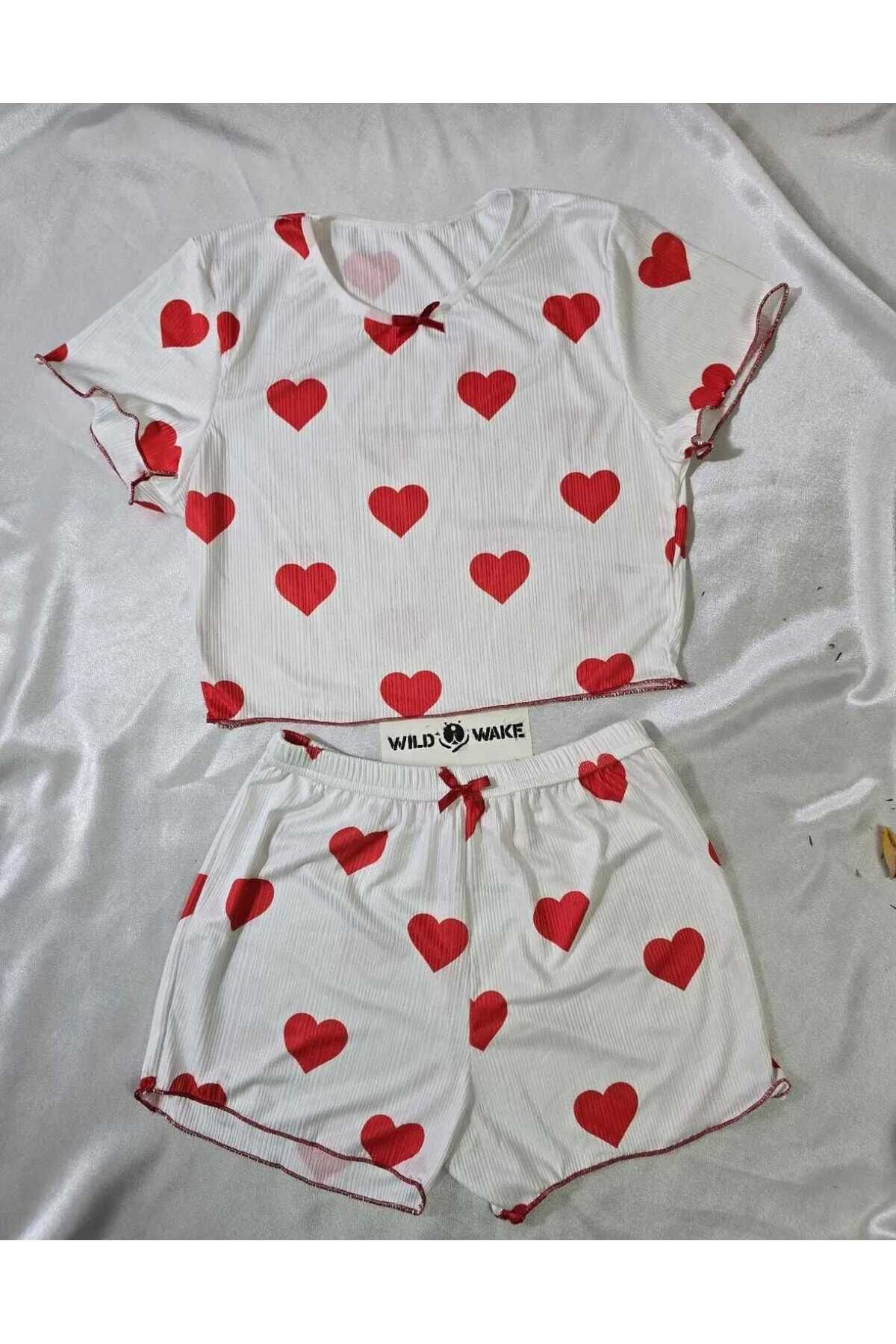 LA VIOR STYLE LA VIOR İkili Penye Kalp Baskılı Günlük Kullanım Şort Pijama Takımı Gecelik