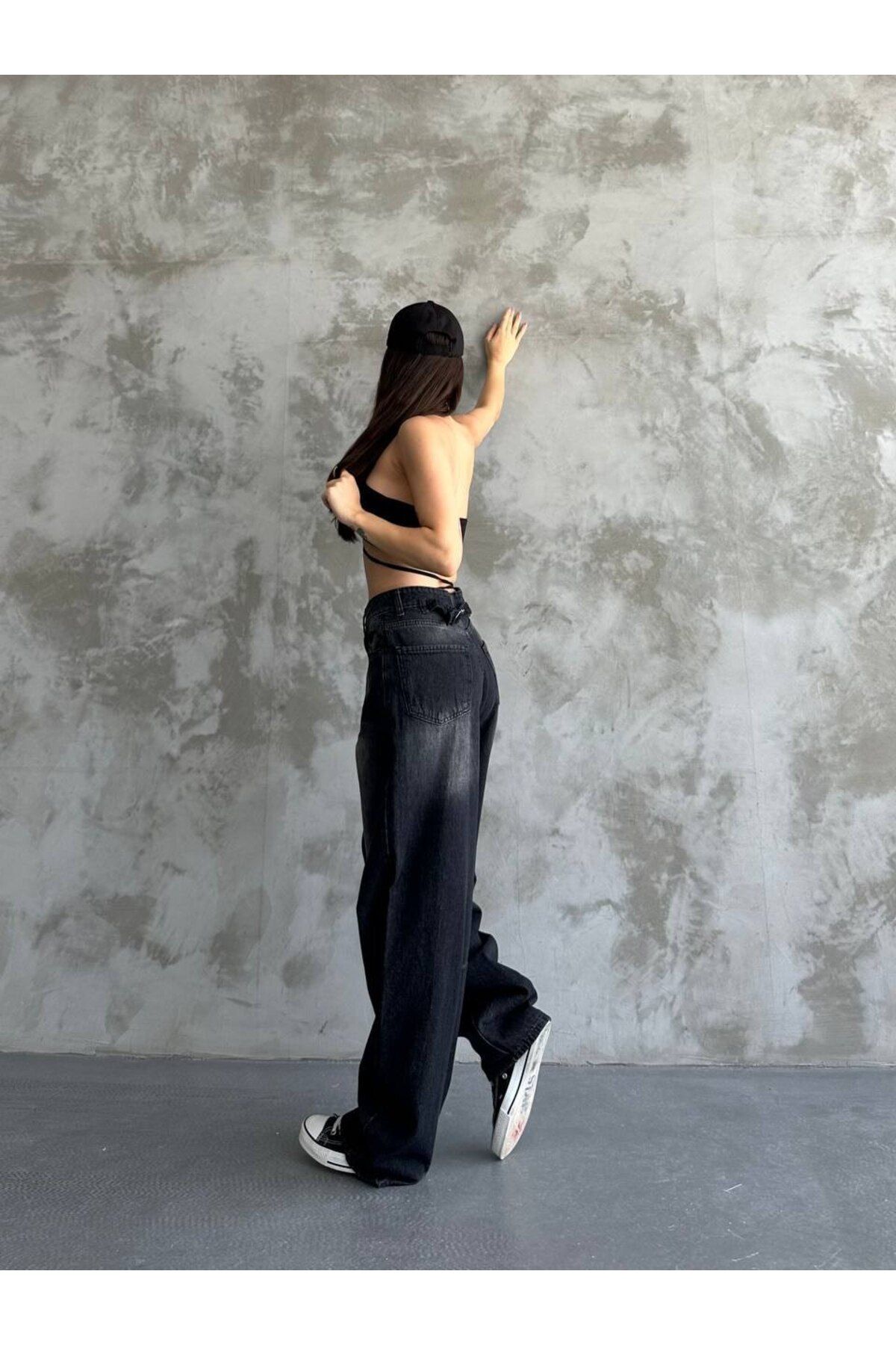 AXXAN jeans Toka Detaylı siyah Bol Kesim Geniş Paça Rahat Baggy Jean kadın Pantolon