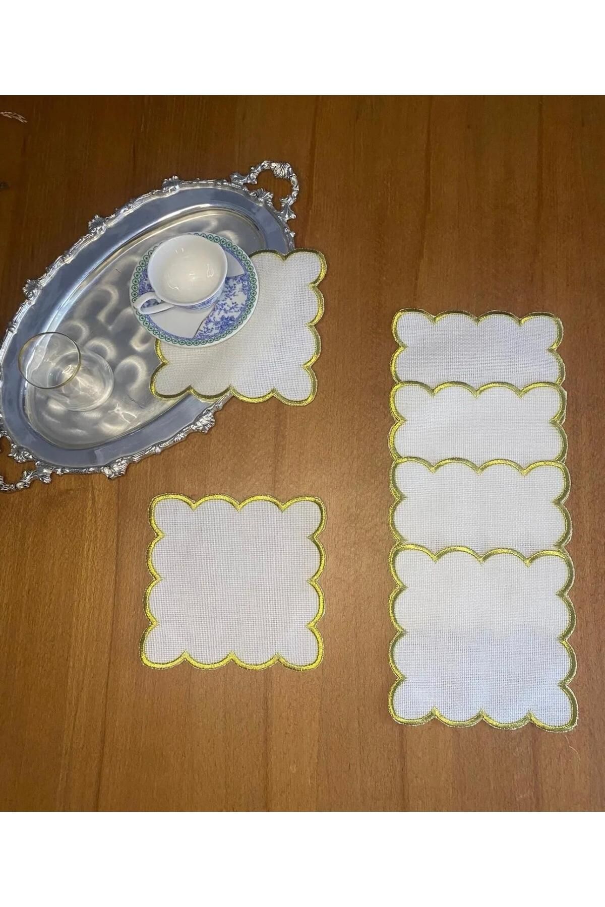 İNCİ ÇEYİZ 6 Adet Keten Kare İşlemeye Uygun Tek Sargı Nakışlı Kahve Yanı Kokteyl Peçetesi & Bardak Altlığı.