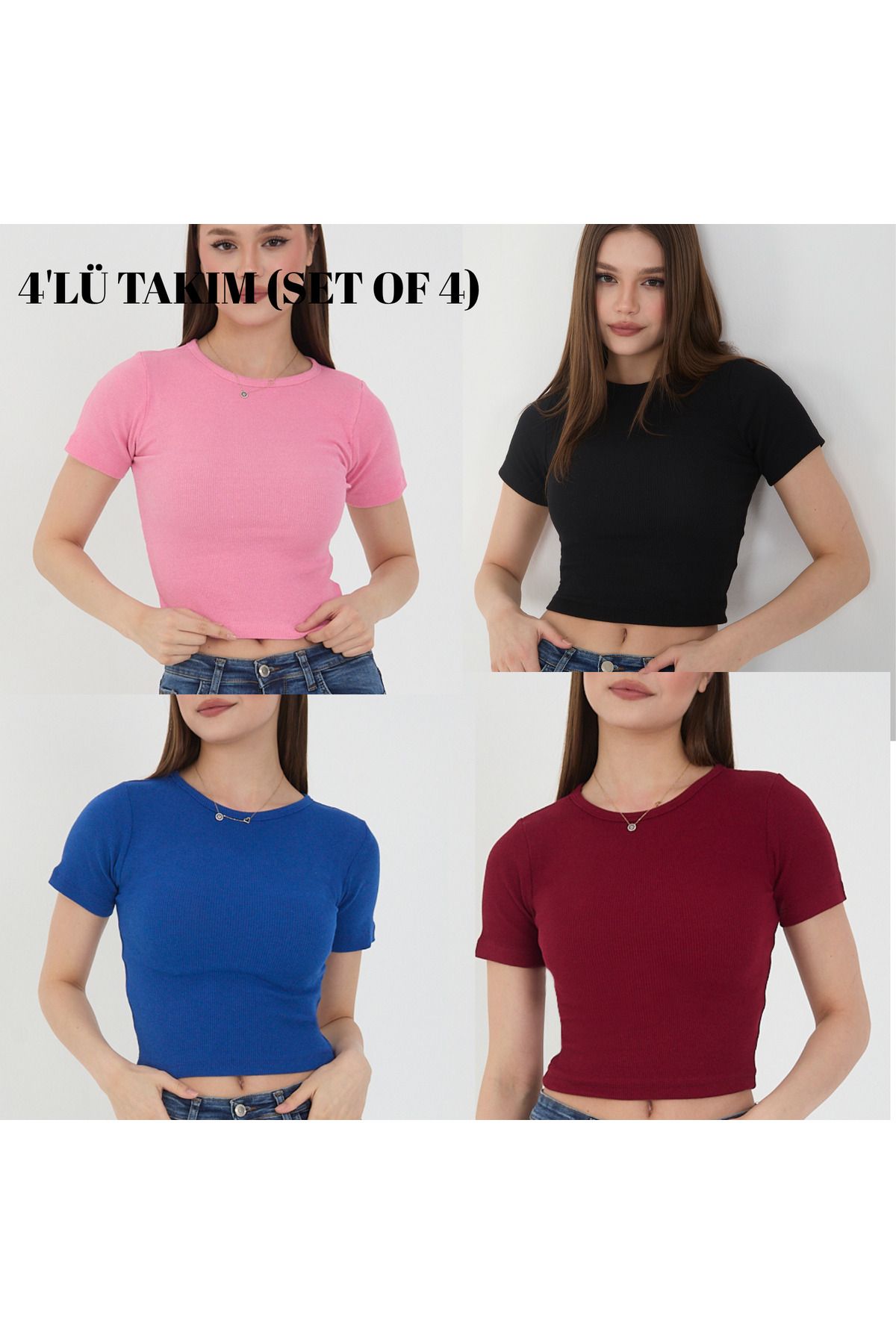 Wearflawless Kadın 4 Lü Adet Fitilli %100 Pamuklu Bisiklet Yaka T-shırt Crop Bluz