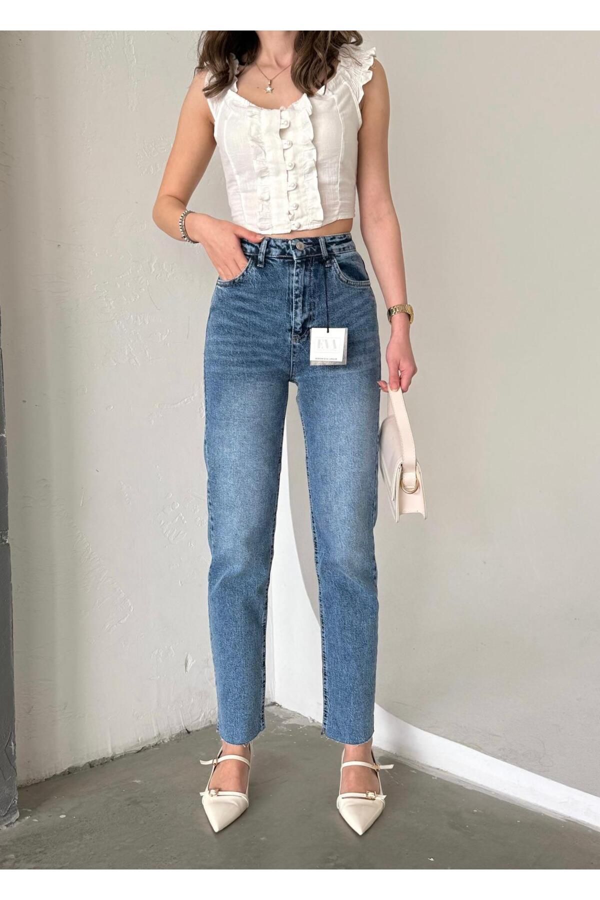 moda paketi Yüksek Bel Kesik Paça Mom Jeans & Vintage Mavi