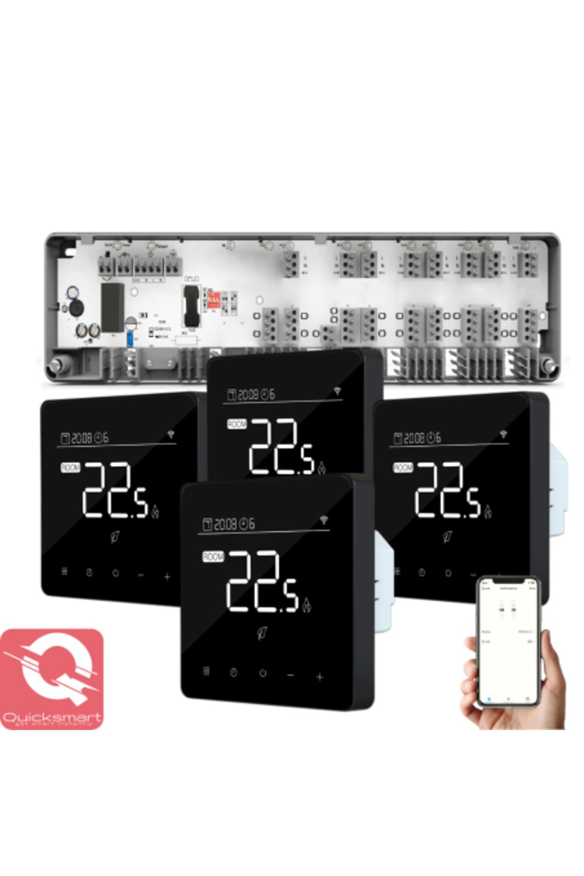 Quicksmart-Kit Automatizare Incalzire Pardoseala Q10, Controler pardoseala 8 zone, 4x Termostat cu fir Q40, Inc 2