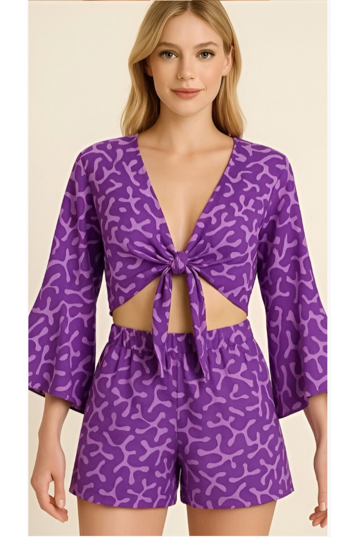 VOGUEMET Kadın Desenli Viskon Şortlu Crop Takım | Yazlık Renkli 2’li Set | Rahat Kalıp