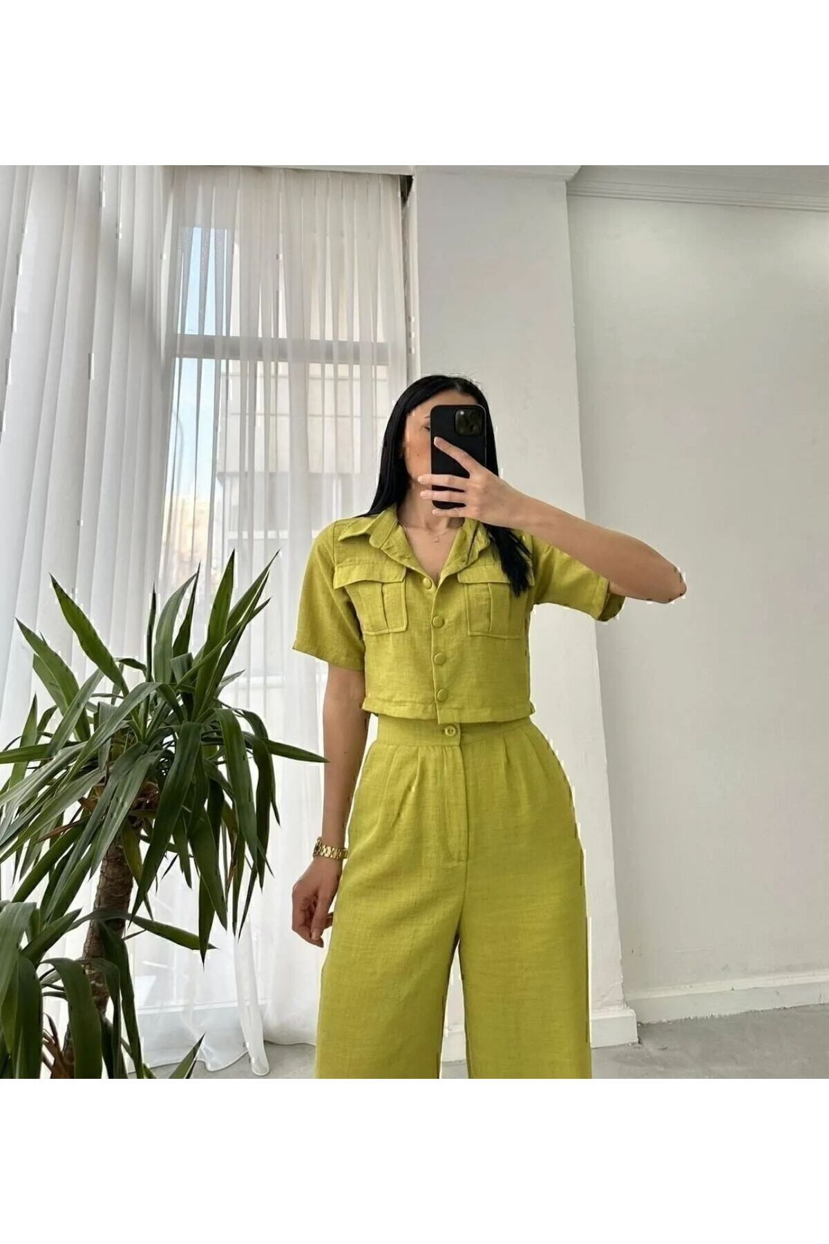 RACE FASHİON Düğmeli Keten Gömlek Pantolon Takım
